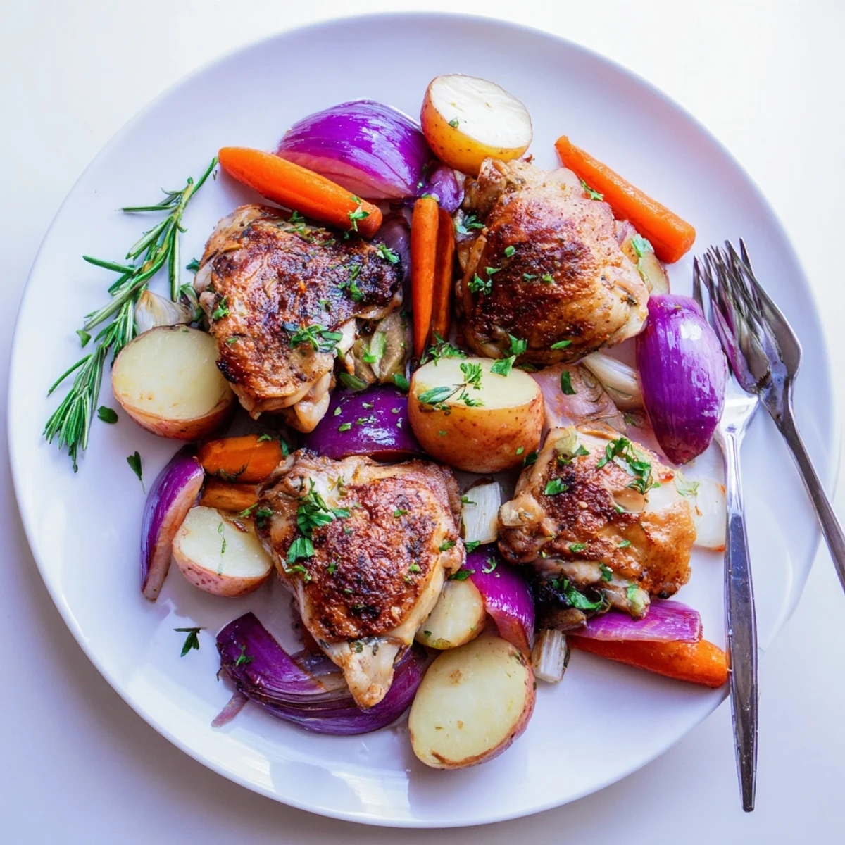 Family-style Sheet Pan Chicken And Potatoes served with parsley and caramelized onions