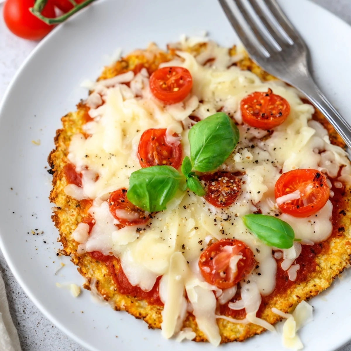 Stone Baked Cheesy Cauliflower Keto Pizza with golden crust and bubbling mozzarella