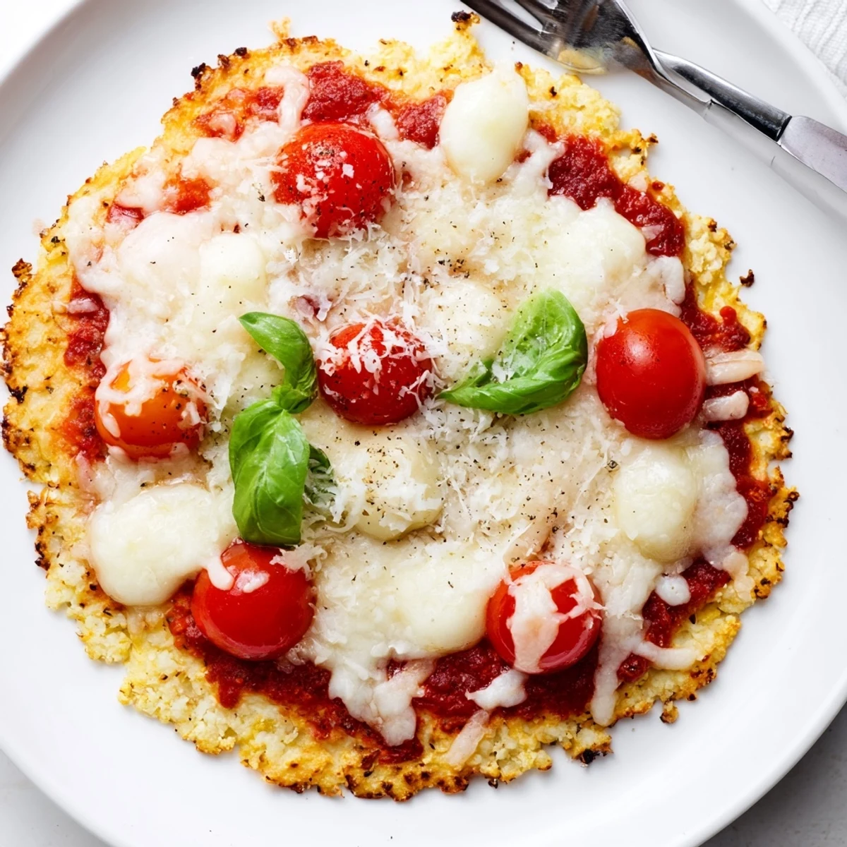 Hot fragrant herb topped low carb dinner featuring Stone Baked Cheesy Cauliflower Keto Pizza