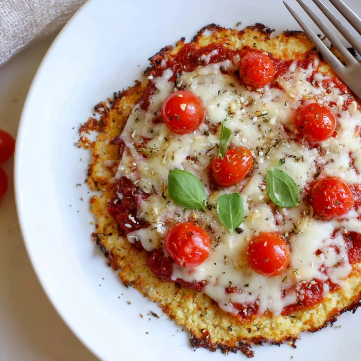 Thin slice with stretchy cheese from Stone Baked Cheesy Cauliflower Keto Pizza