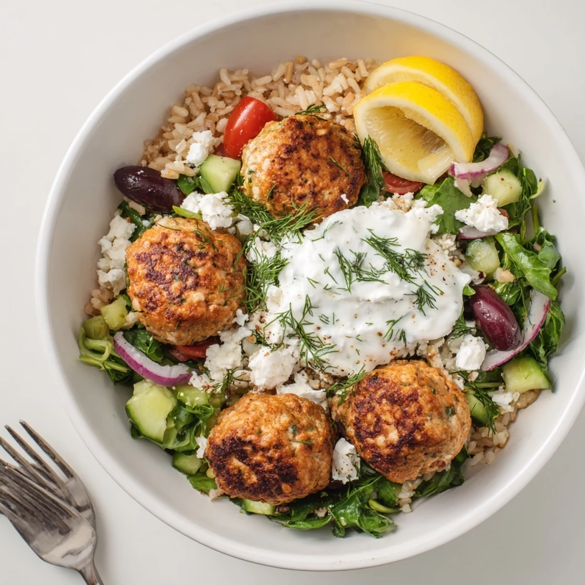 Bright Turkey Mediterranean Meatballs Bowl with oven-baked juicy bites, zesty yogurt