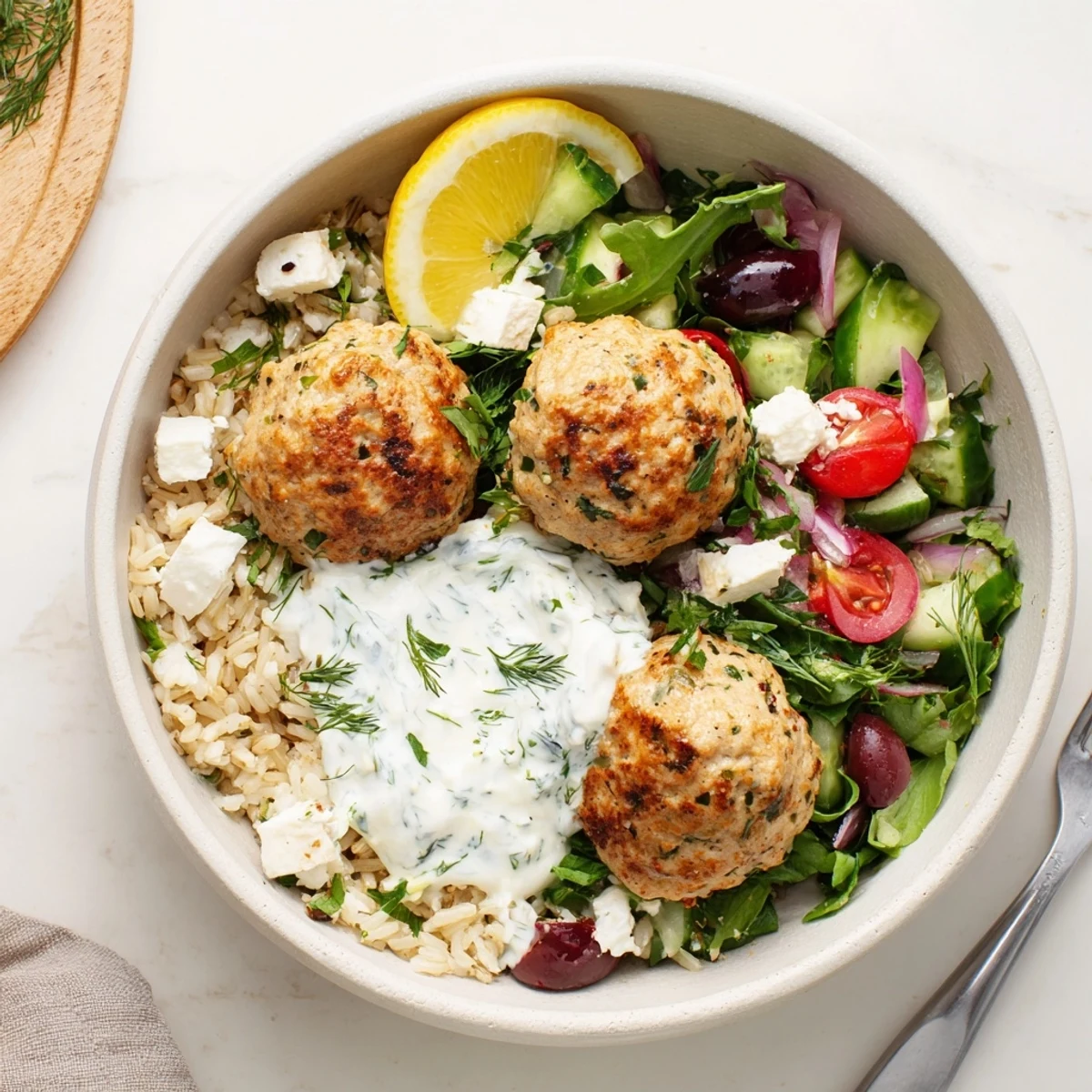 Turkey Mediterranean Meatballs Bowl served over warm quinoa, tangy feta, cucumber crunch