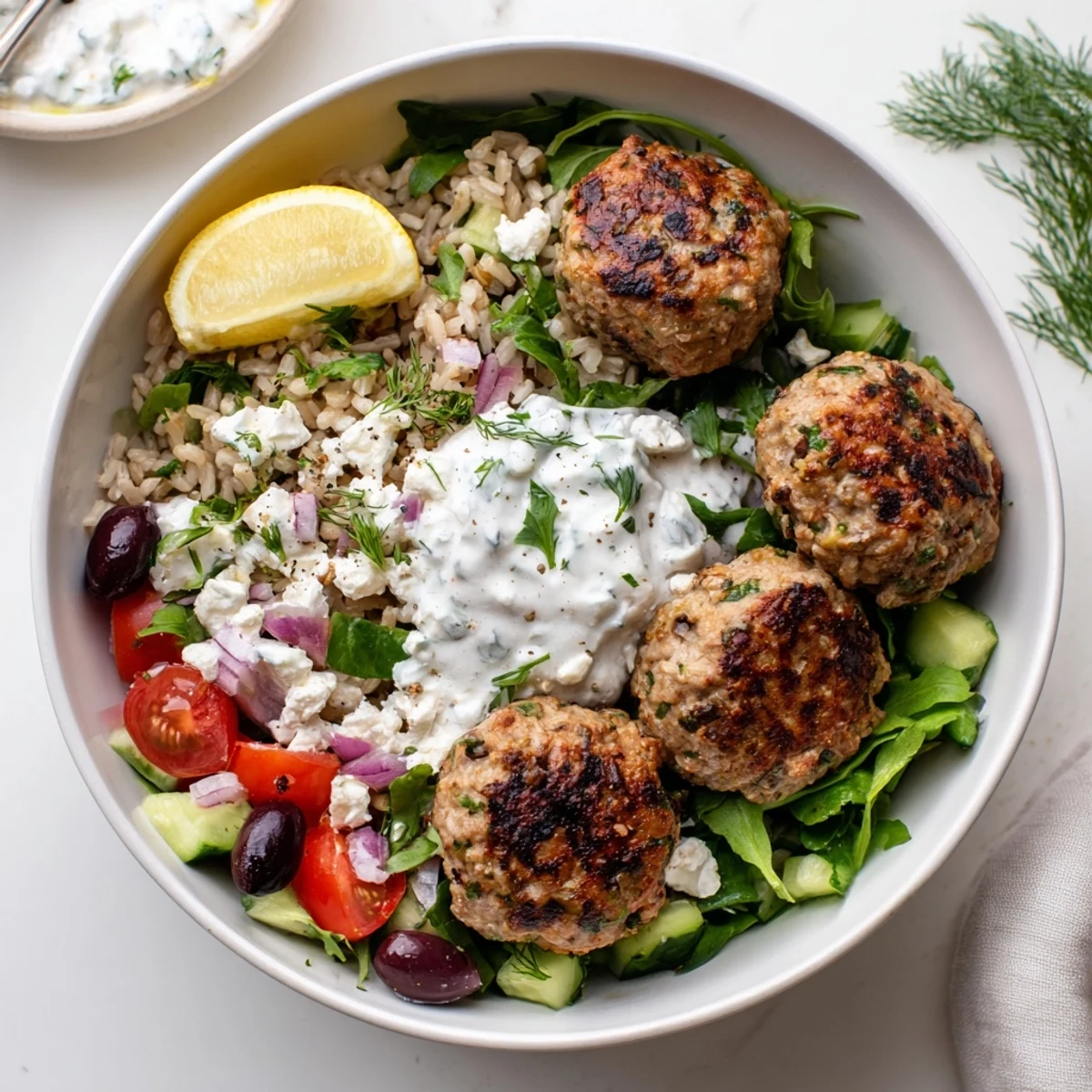 Hearty Turkey Mediterranean Meatballs Bowl drizzled with lemon-dill sauce, fragrant herbs