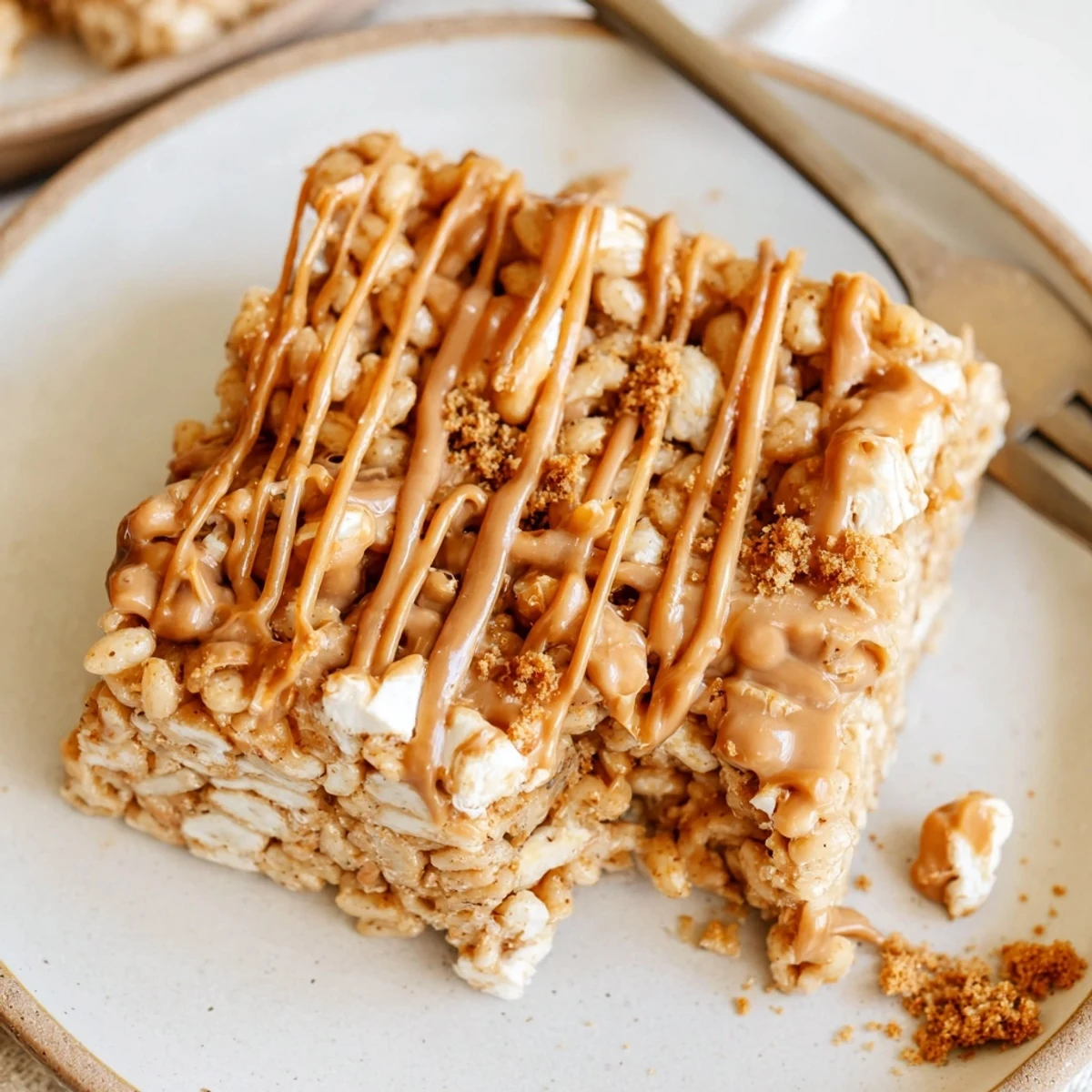 Biscoff Rice Krispie Treats cooling on parchment, golden drizzle and crunchy edges