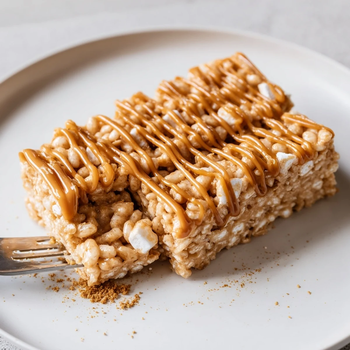 Soft, caramelized Biscoff Rice Krispie Treats pressed in pan, ready to serve