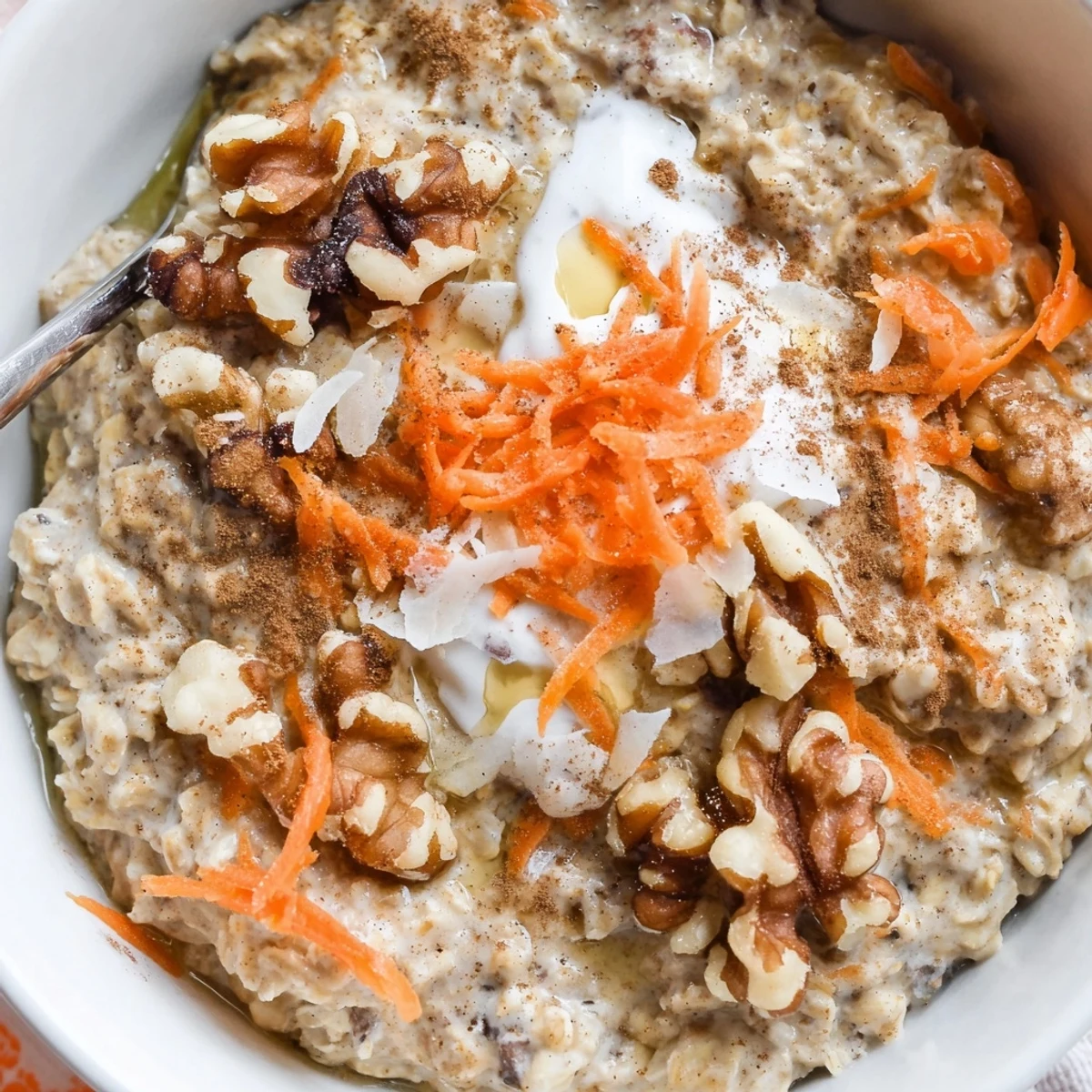 Creamy Carrot Cake Overnight Oats in jar with shredded carrot, cinnamon aroma  