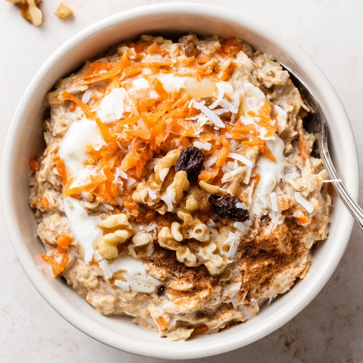 Chilled Carrot Cake Overnight Oats topped with chopped walnuts and maple drizzle  