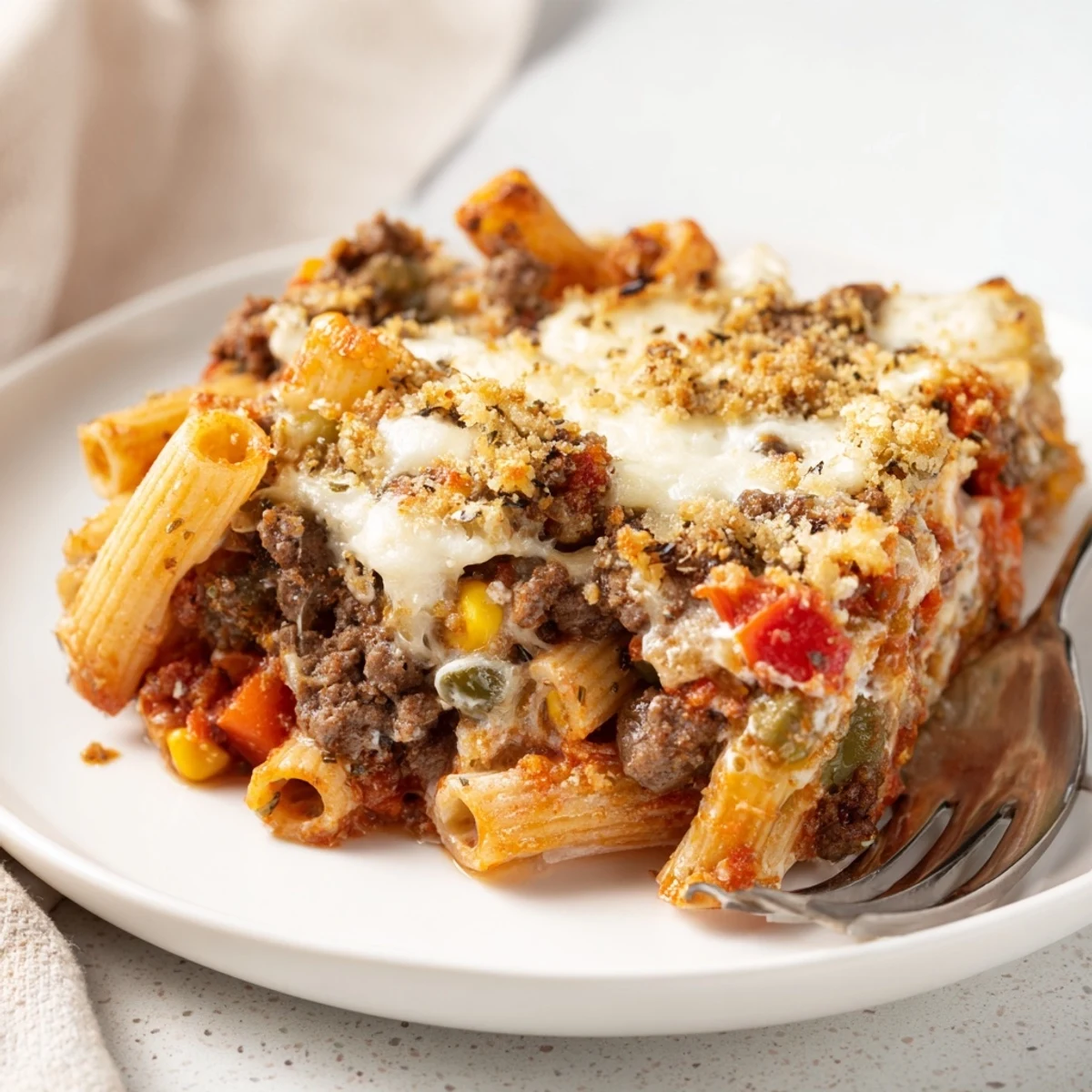 Hearty Cheesy Baked Casserole bubbling with gooey golden cheese and savory meats