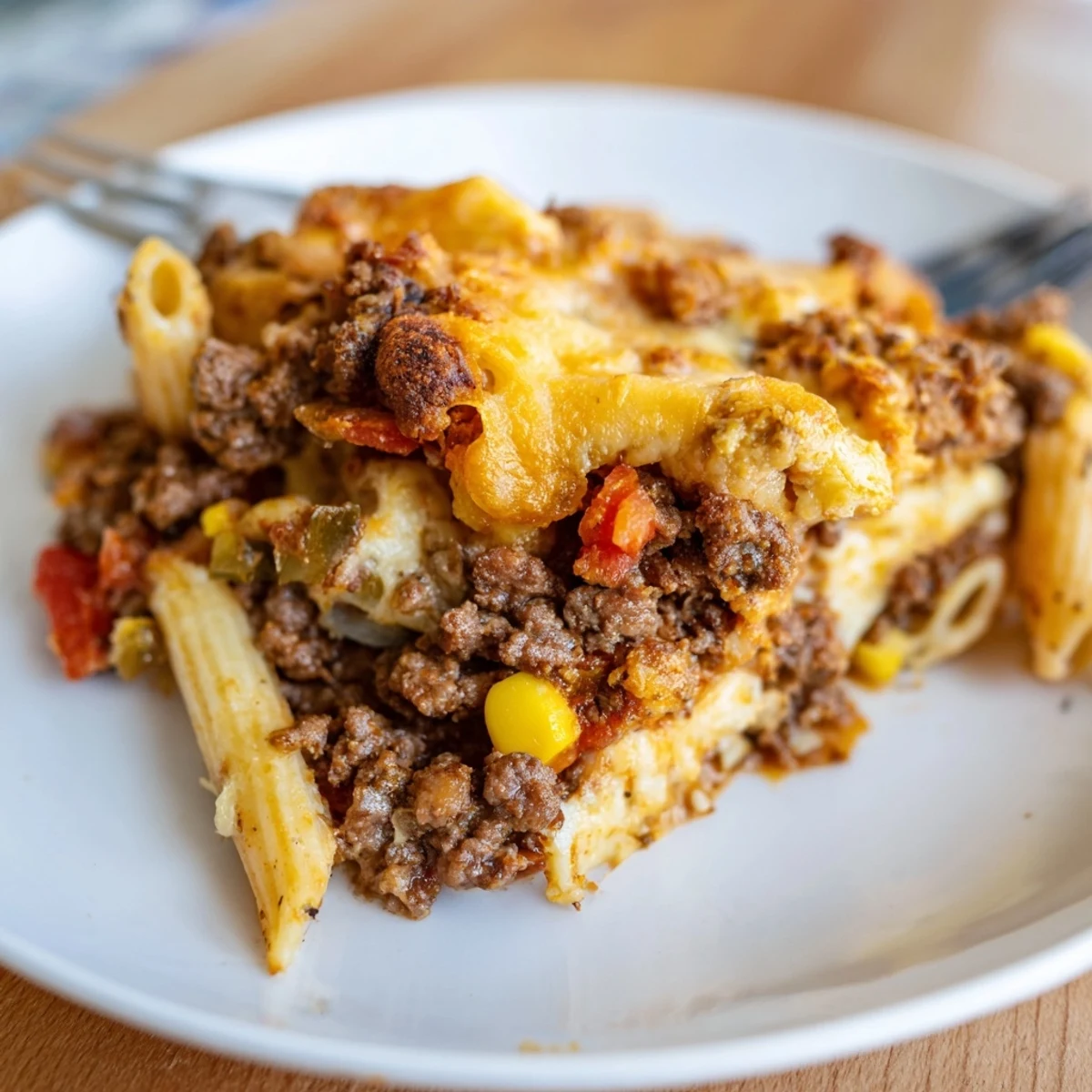 Sliced Hearty Cheesy Baked Casserole served hot with crisp salad and bread