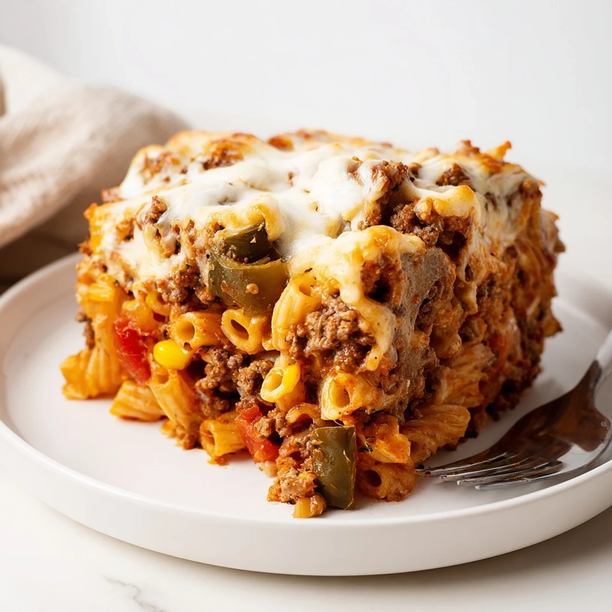 Warm Hearty Cheesy Baked Casserole shows tender vegetables, browned top, steam rising