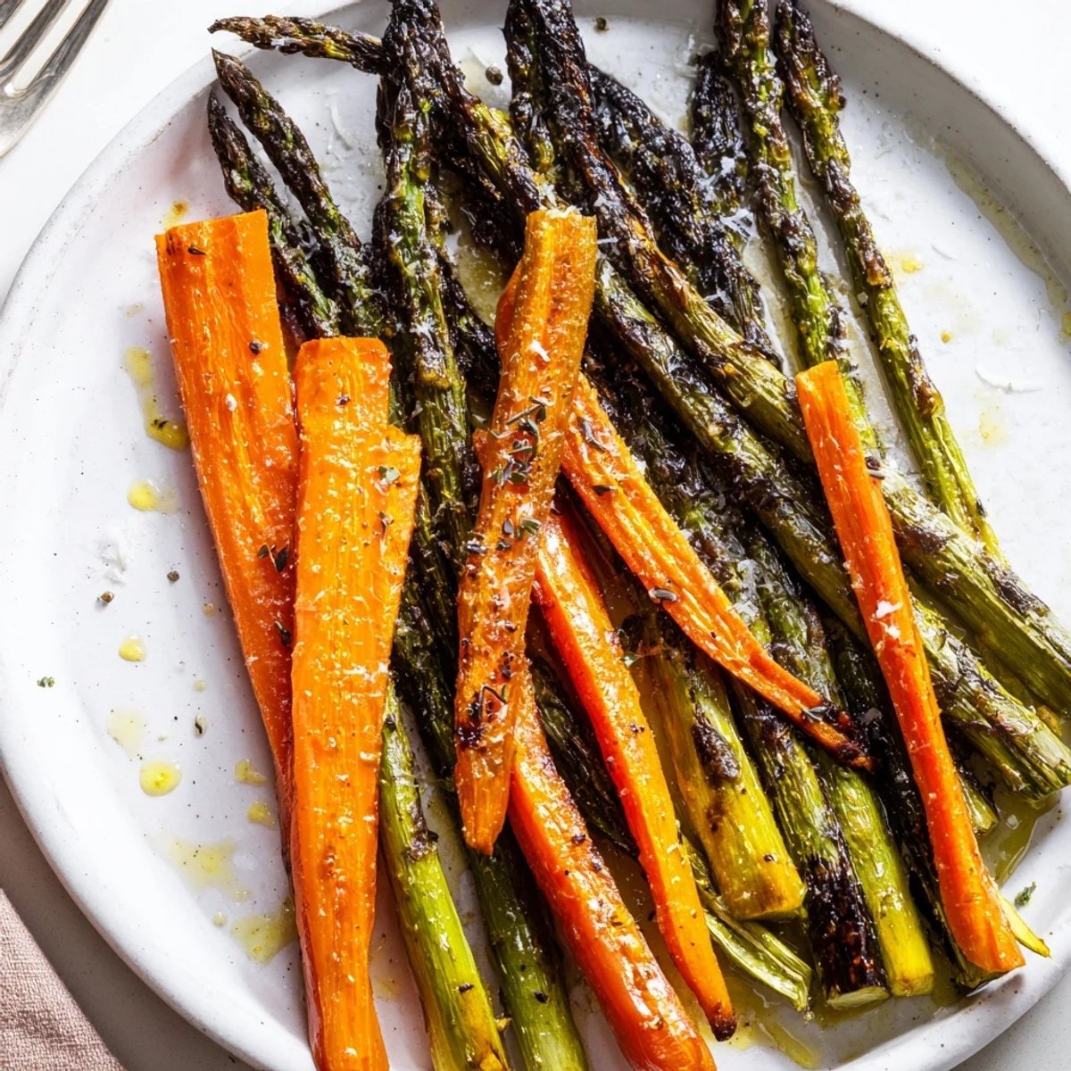 Roasted Asparagus Carrots glistening with olive oil, lemon zest, roasted edges
