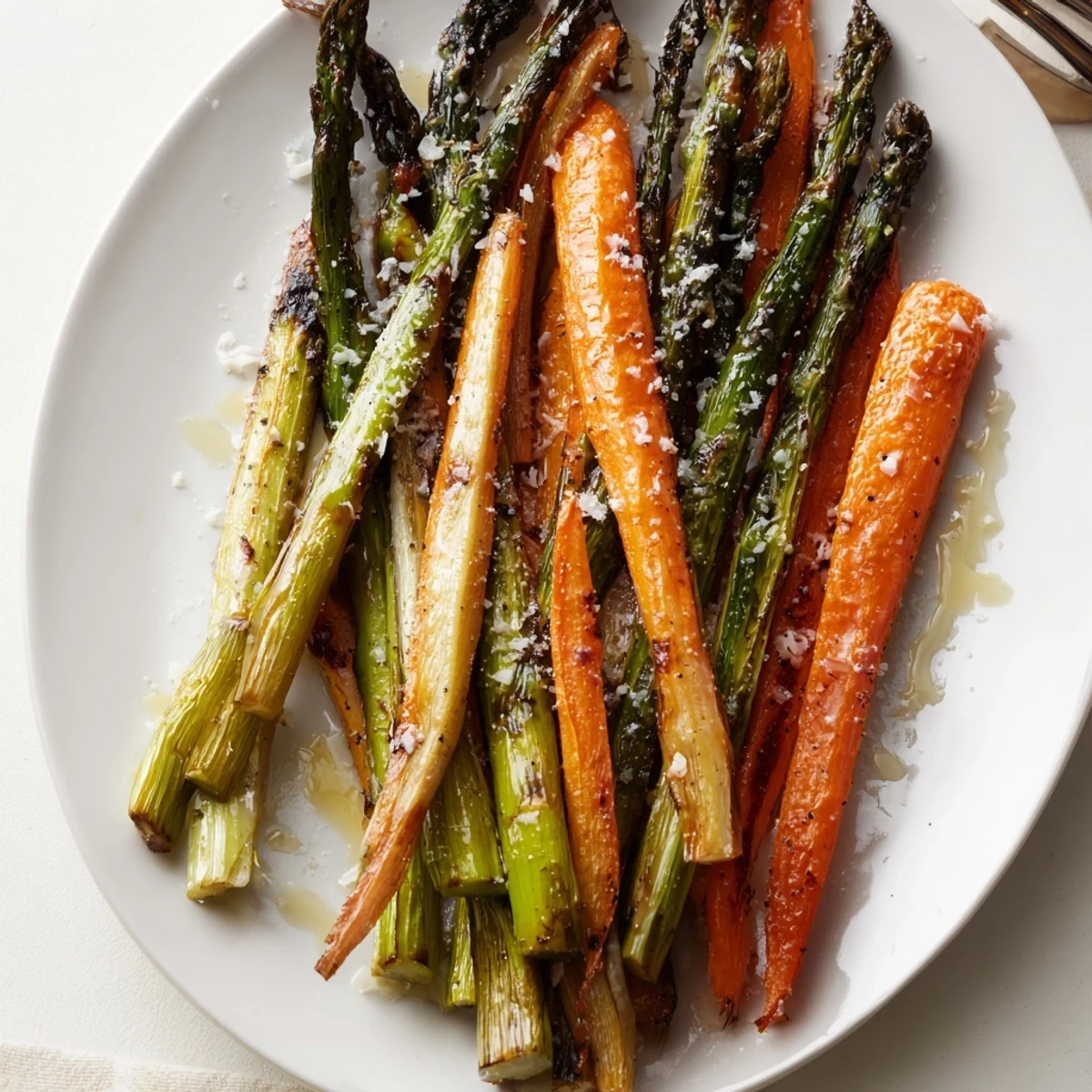 Plated Roasted Asparagus Carrots, tender spears and sweet carrot sticks