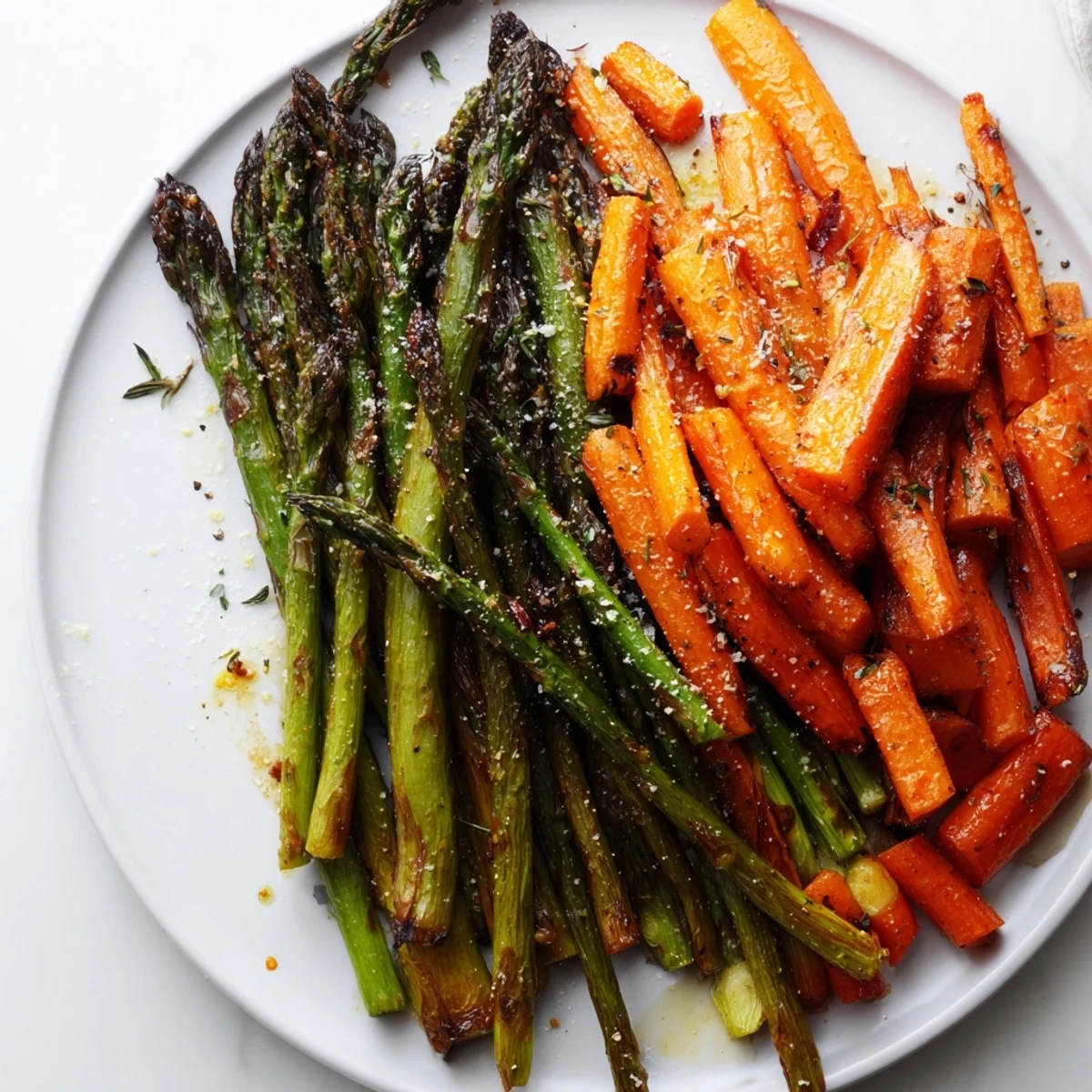 Warm Roasted Asparagus Carrots tossed with thyme, bright citrus finish