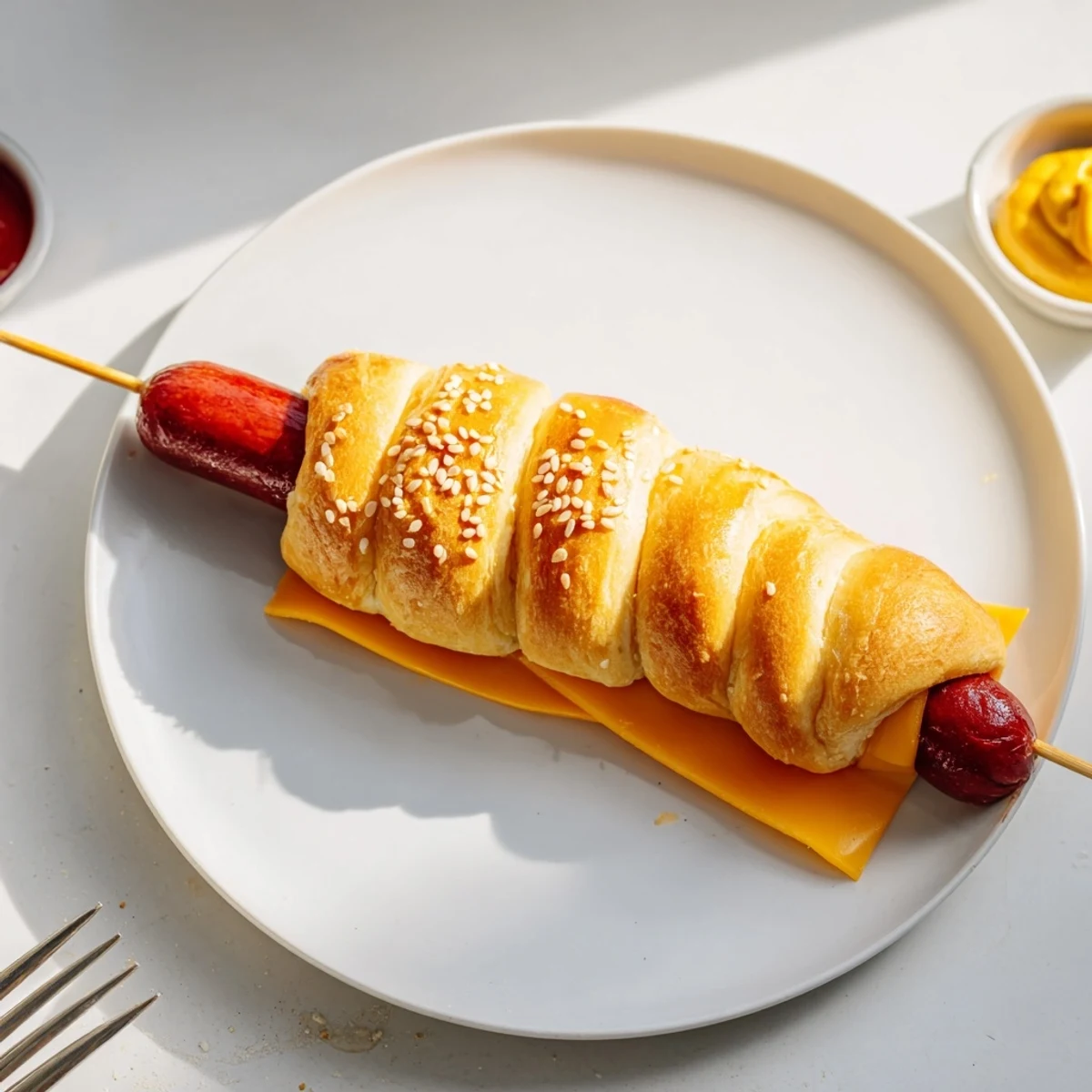 Crispy edges, melted cheese inside Firecracker Hot Dogs Recipe served with ketchup