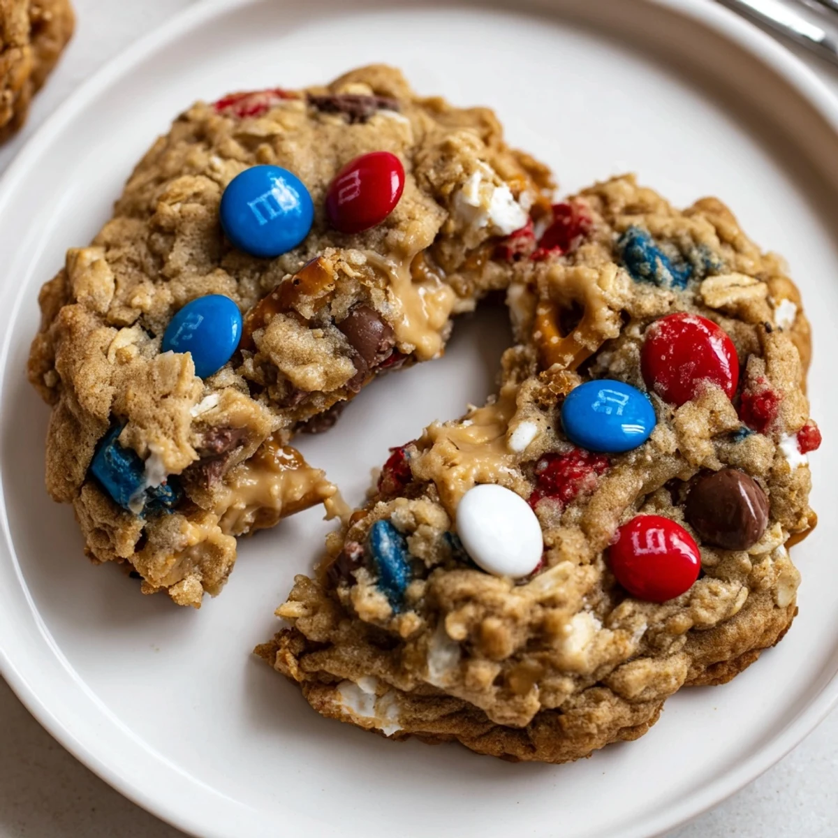 Warm Patriotic Monster Cookies Recipe with chewy centers and colorful candy crunch