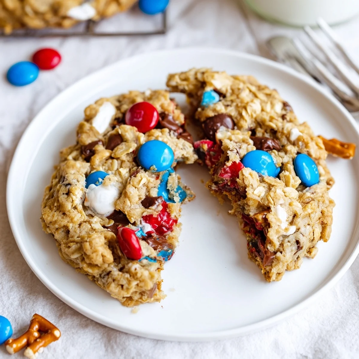 Fresh-baked Patriotic Monster Cookies Recipe on cooling rack, oats and peanut butter aroma