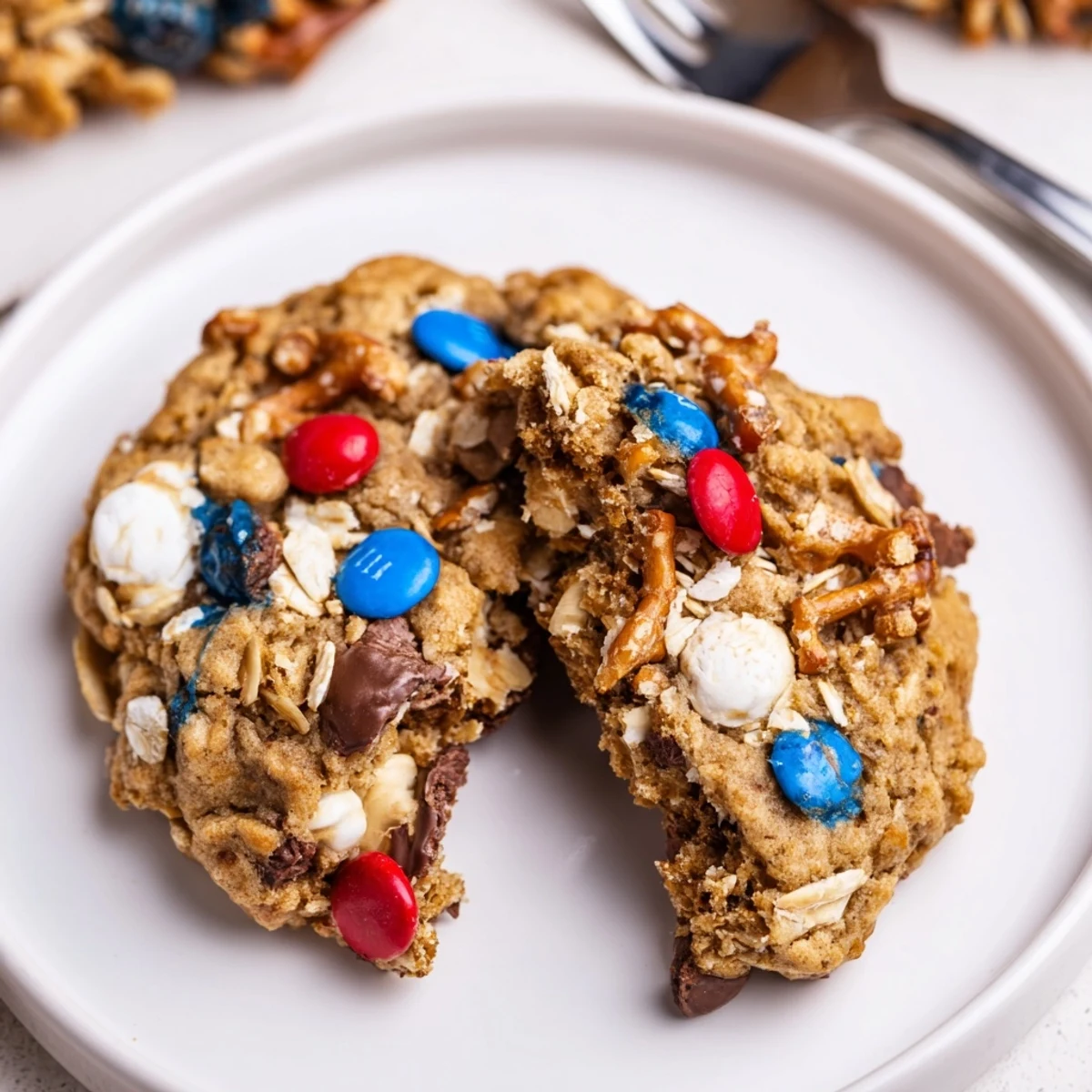 Stacked Patriotic Monster Cookies Recipe served on picnic plate for Fourth of July