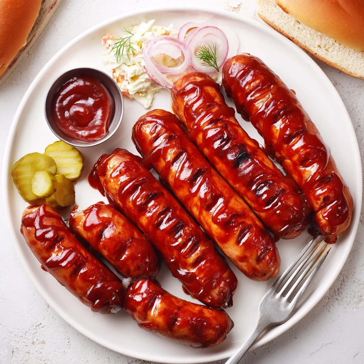 Grilled, caramelized BBQ Sausage Recipe resting on buns with tangy sauce