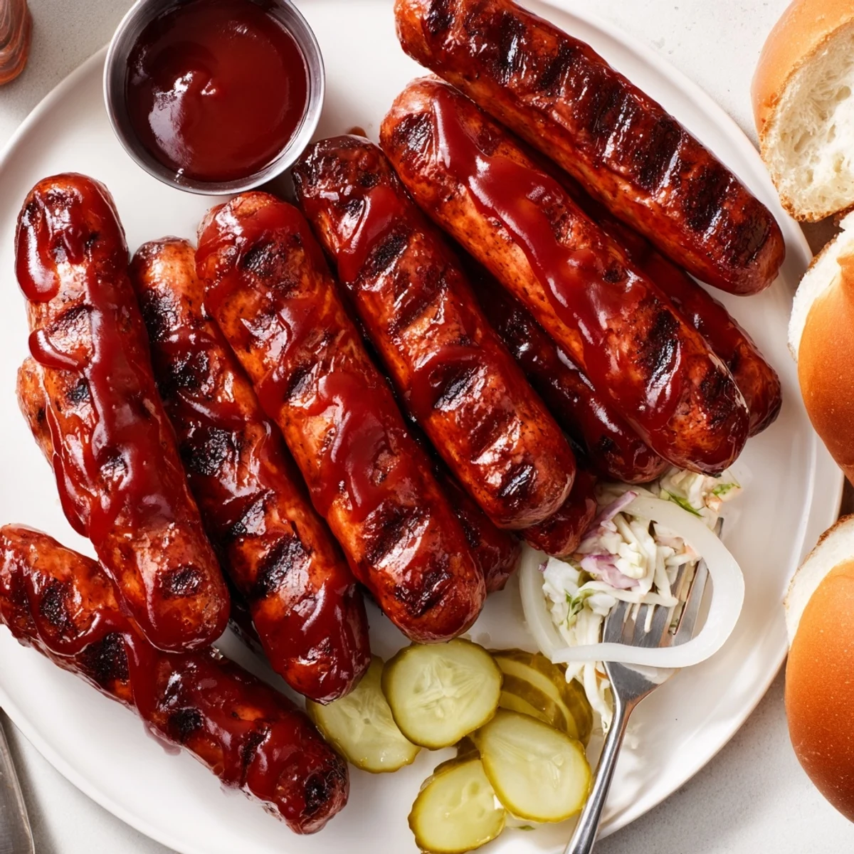 Smoky BBQ Sausage Recipe brushed with sticky sauce on a charred grill