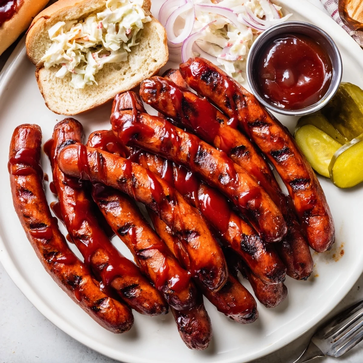 Summer cookout BBQ Sausage Recipe served with pickles, coleslaw, and corn