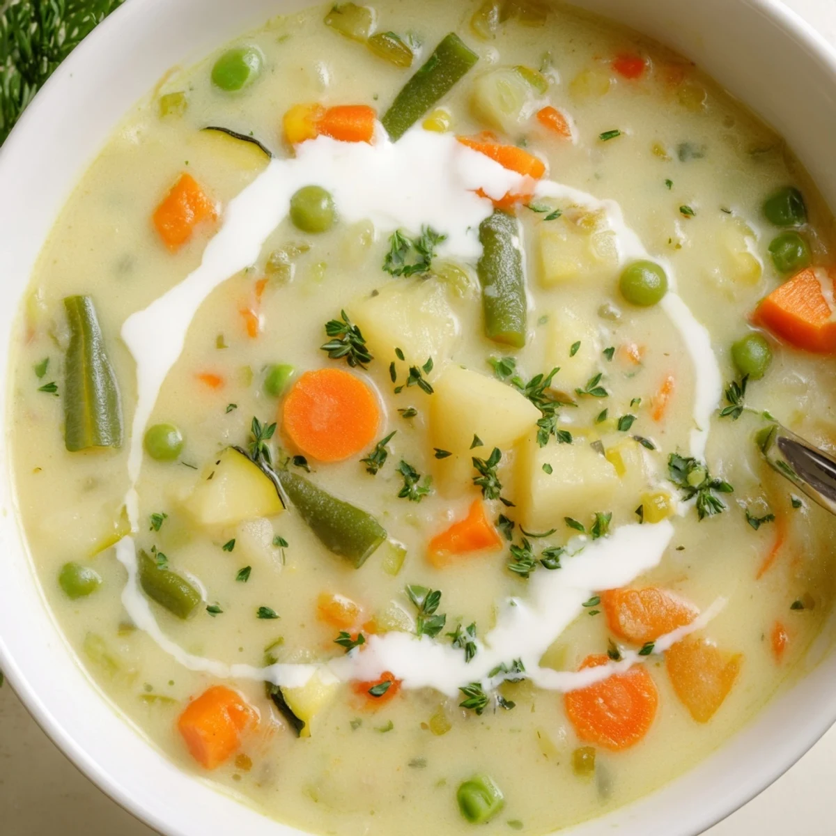 Creamy Vegetable Soup simmering, velvety bowl topped with chopped parsley