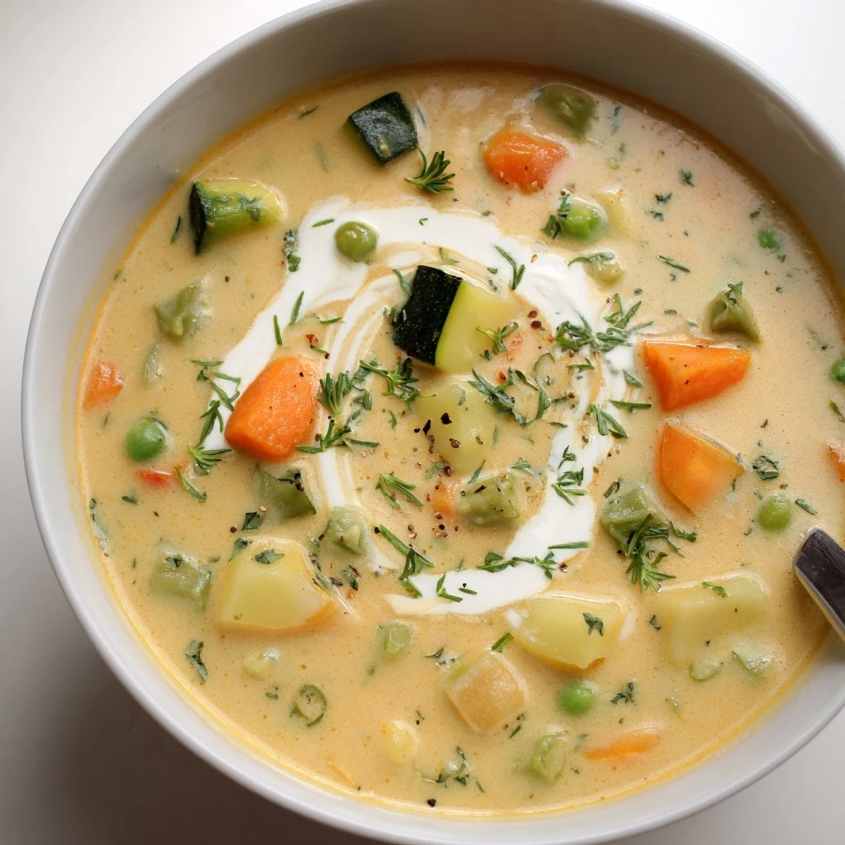 Hearty Creamy Vegetable Soup Recipe ladled into bowl with crusty bread