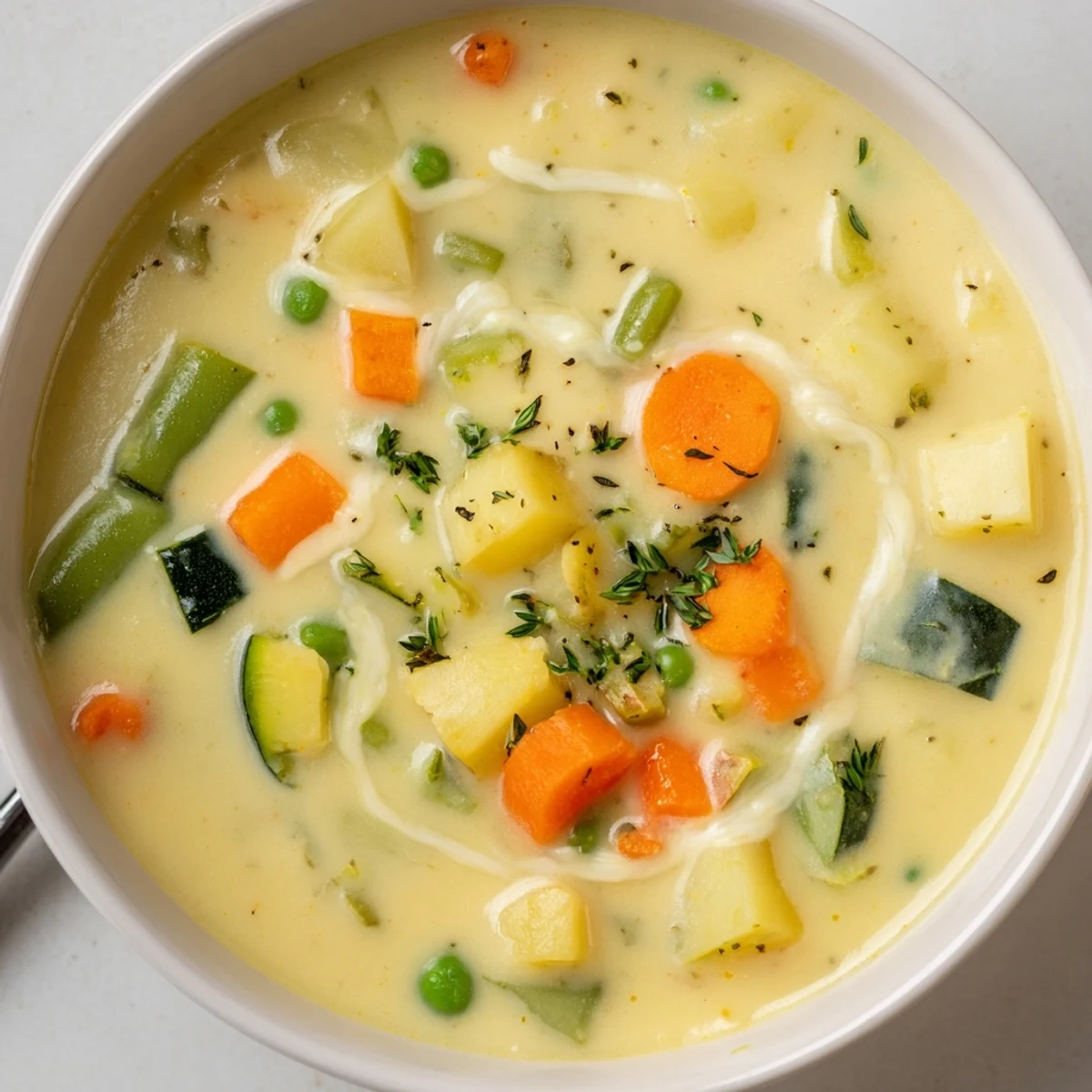 Steaming Creamy Vegetable Soup served hot, rich cream and tender vegetables