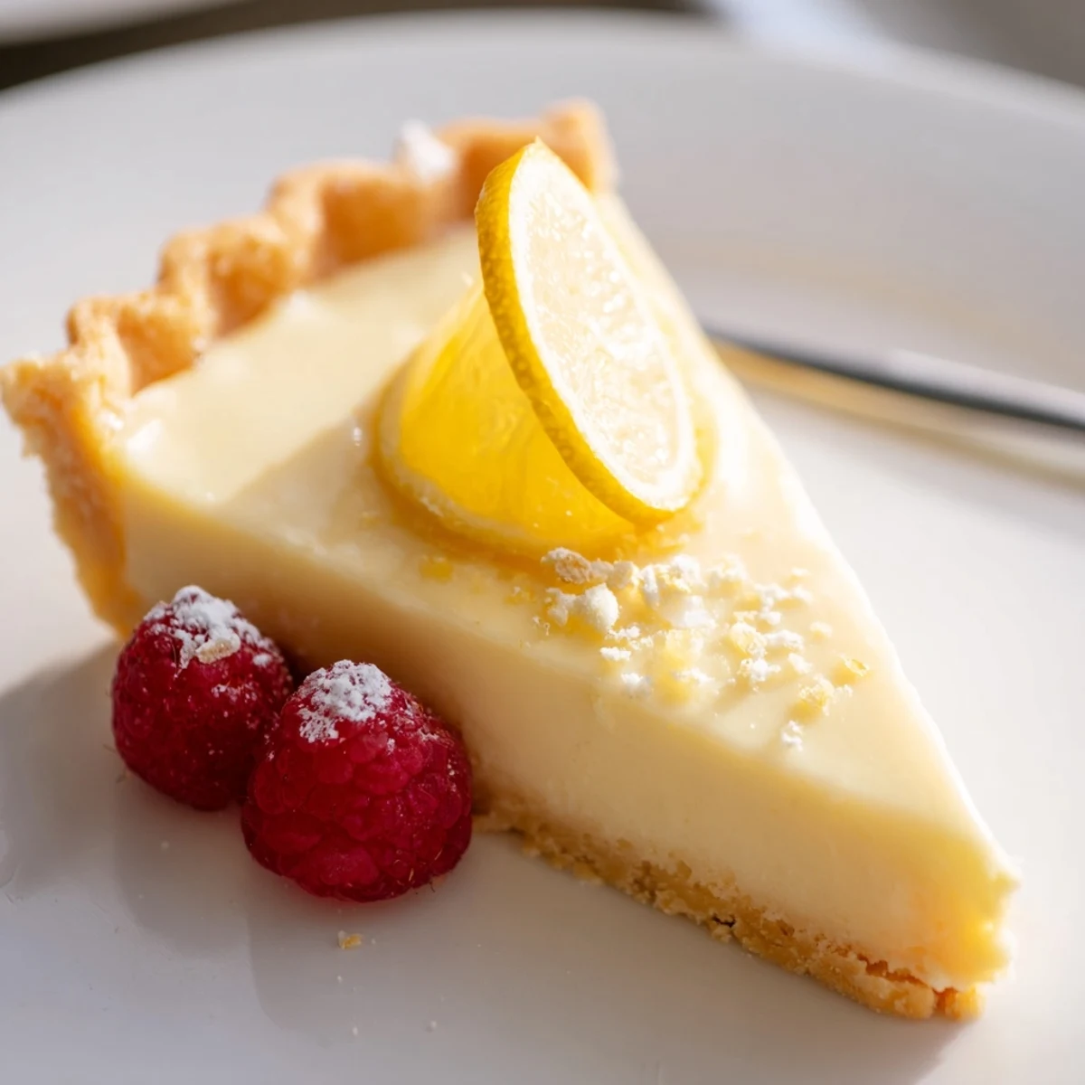 A slice of Creamy Lemon Tart served chilled with fresh berries