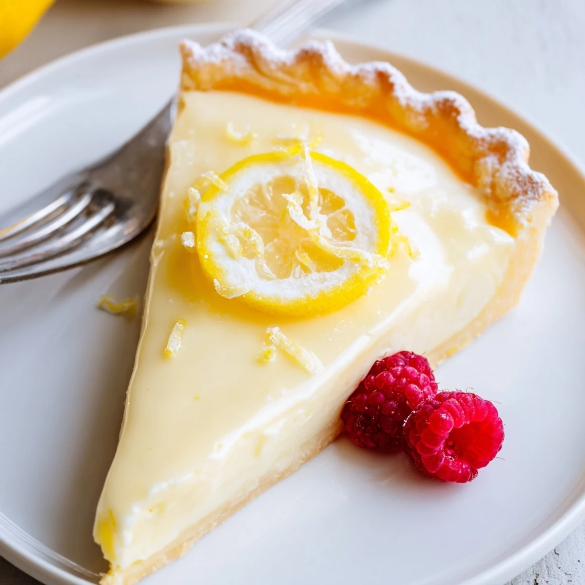 Creamy Lemon Tart with silky filling and buttery crust dusted with powdered sugar