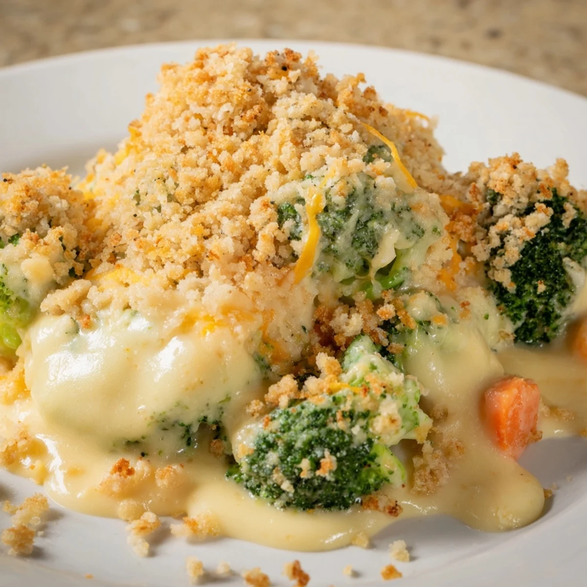 Bubbling golden casserole: Cheese Bake Broccoli Carrots served alongside roasted chicken.