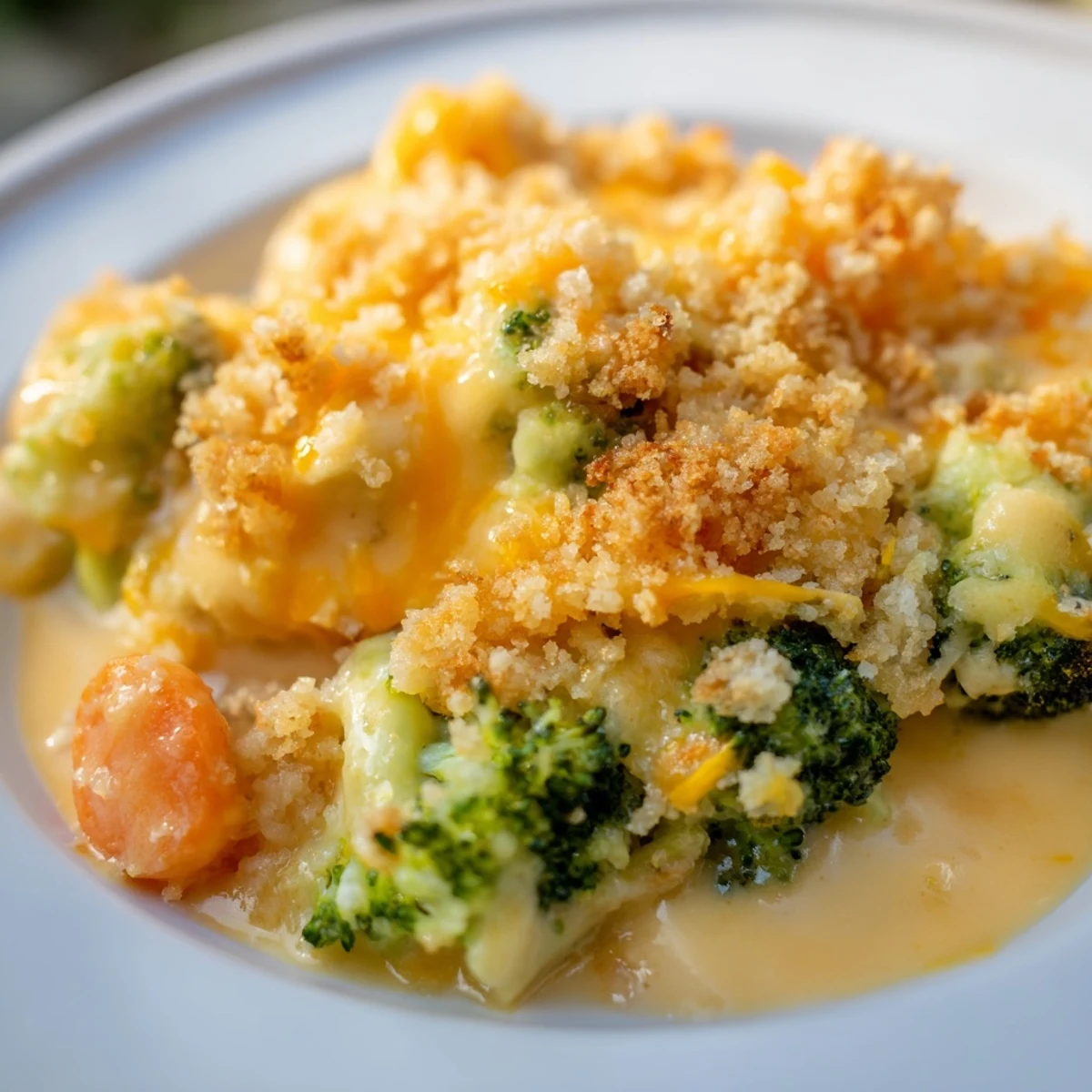 Warm slice of Cheese Bake Broccoli Carrots topped with crunchy Parmesan crumbs.