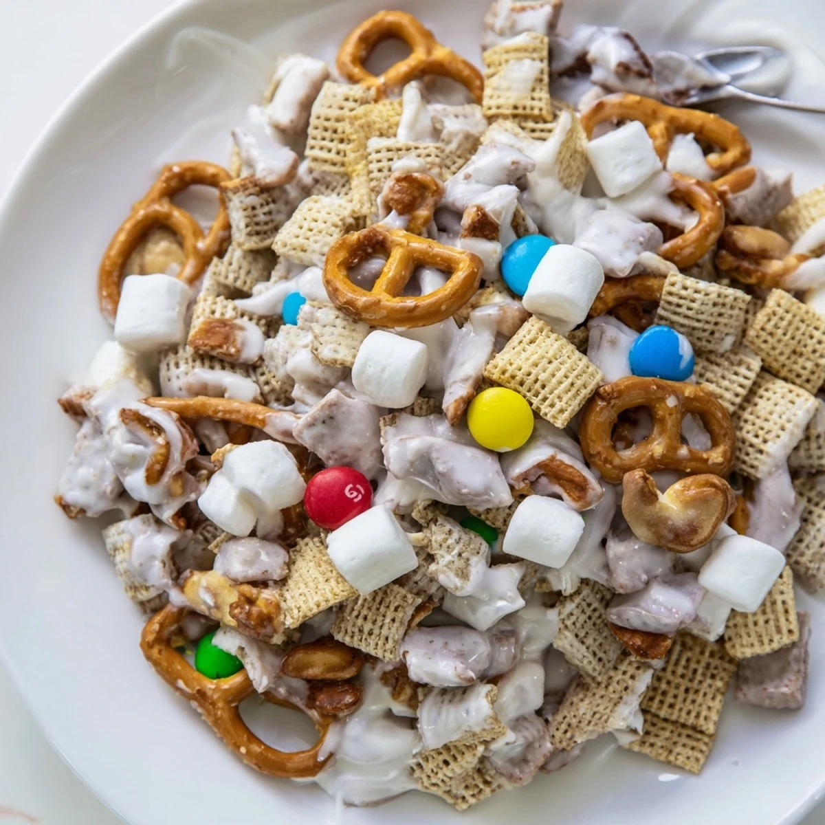 White Trash Snack Mix coated in creamy white chocolate, ready for parties.