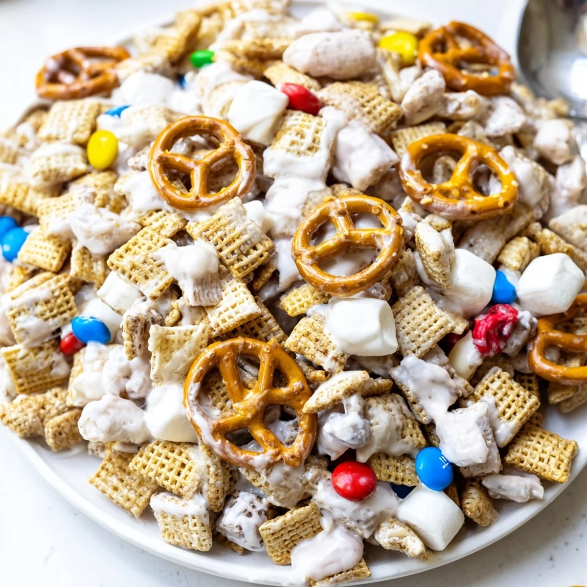 Chunky White Trash Snack Mix with crunchy pretzels, salty peanuts, sweet candies.