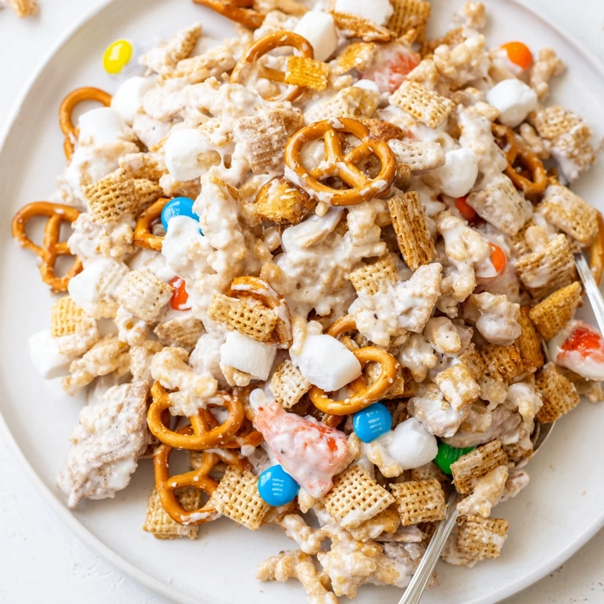 A bowl of White Trash Snack Mix cooling on parchment, melt-fused sweetness.