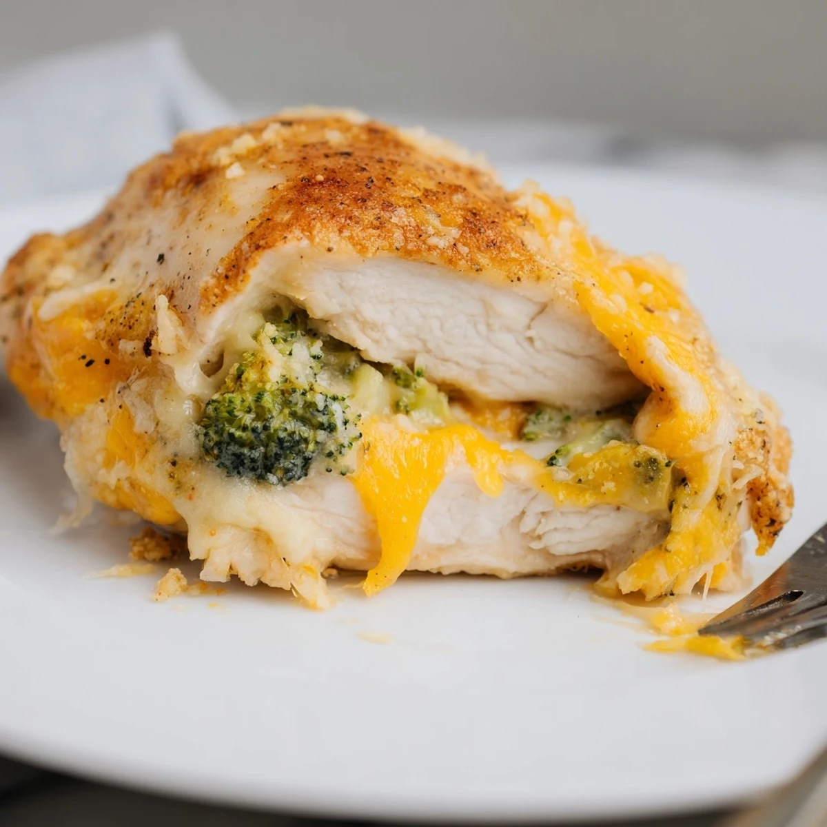 Broccoli Cheese Stuffed Chicken Breast with bubbling cheddar, golden crust, steaming interior.
