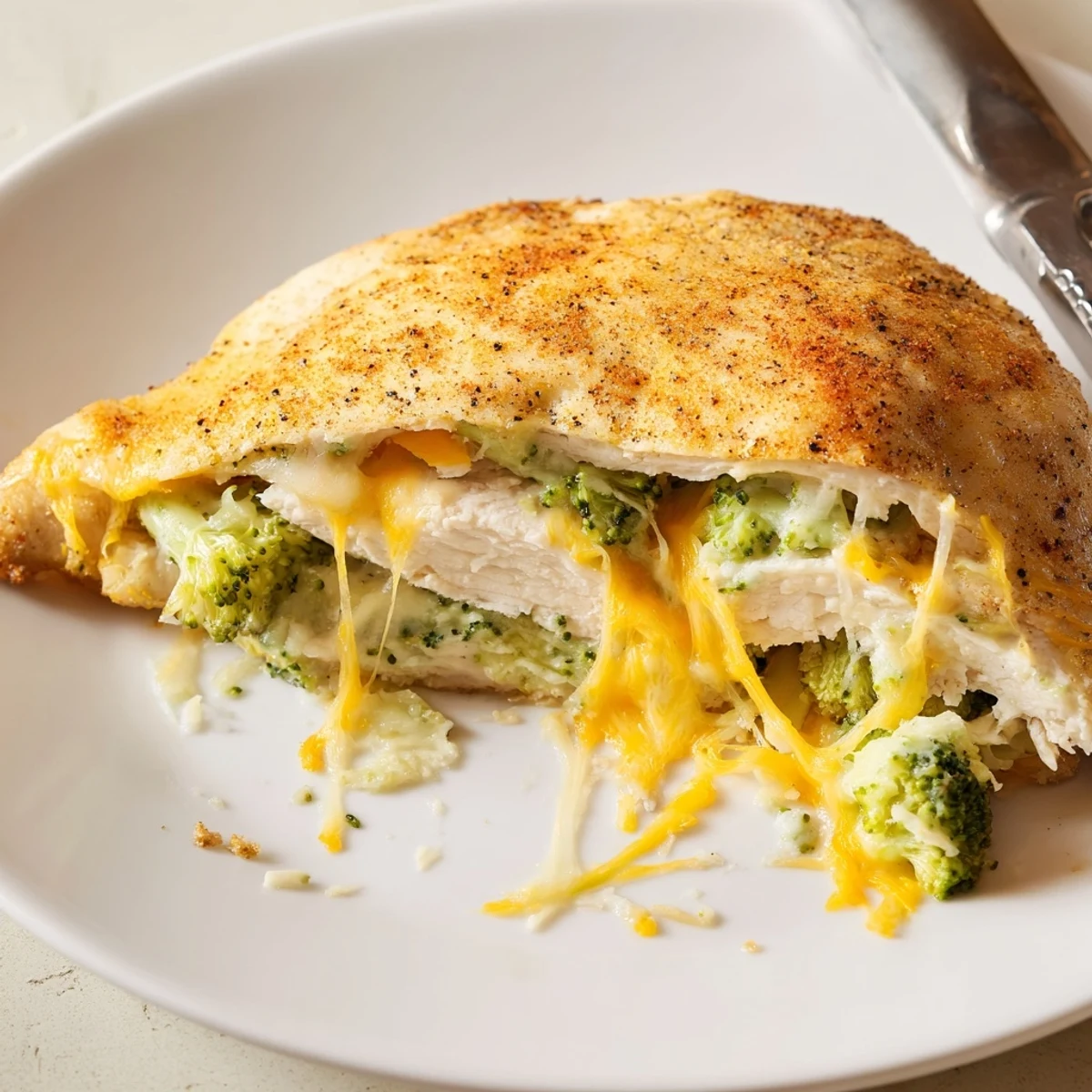 Sliced Broccoli Cheese Stuffed Chicken Breast revealing creamy broccoli-cheddar filling, juicy.