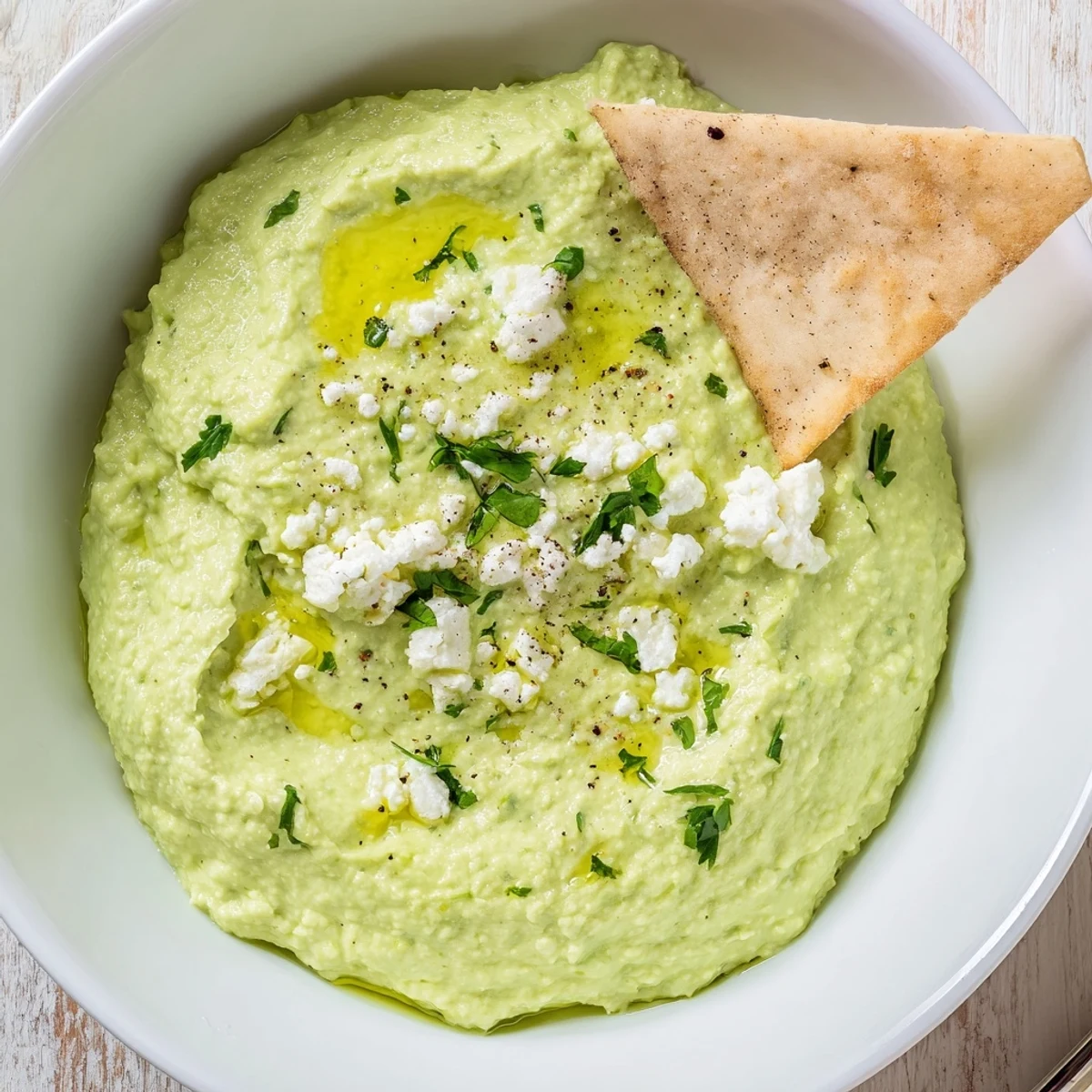 Creamy Avocado Feta Dip drizzled with olive oil, served with pita chips