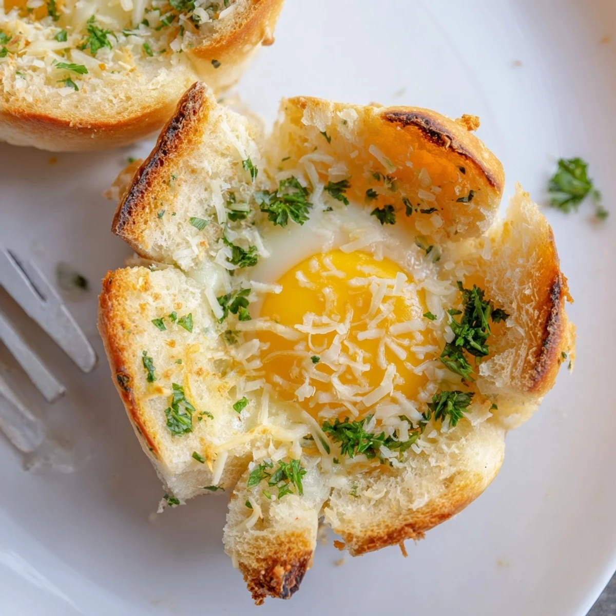 Warm Lazy Garlic Bread Egg Cups with melted Parmesan, buttery crusts