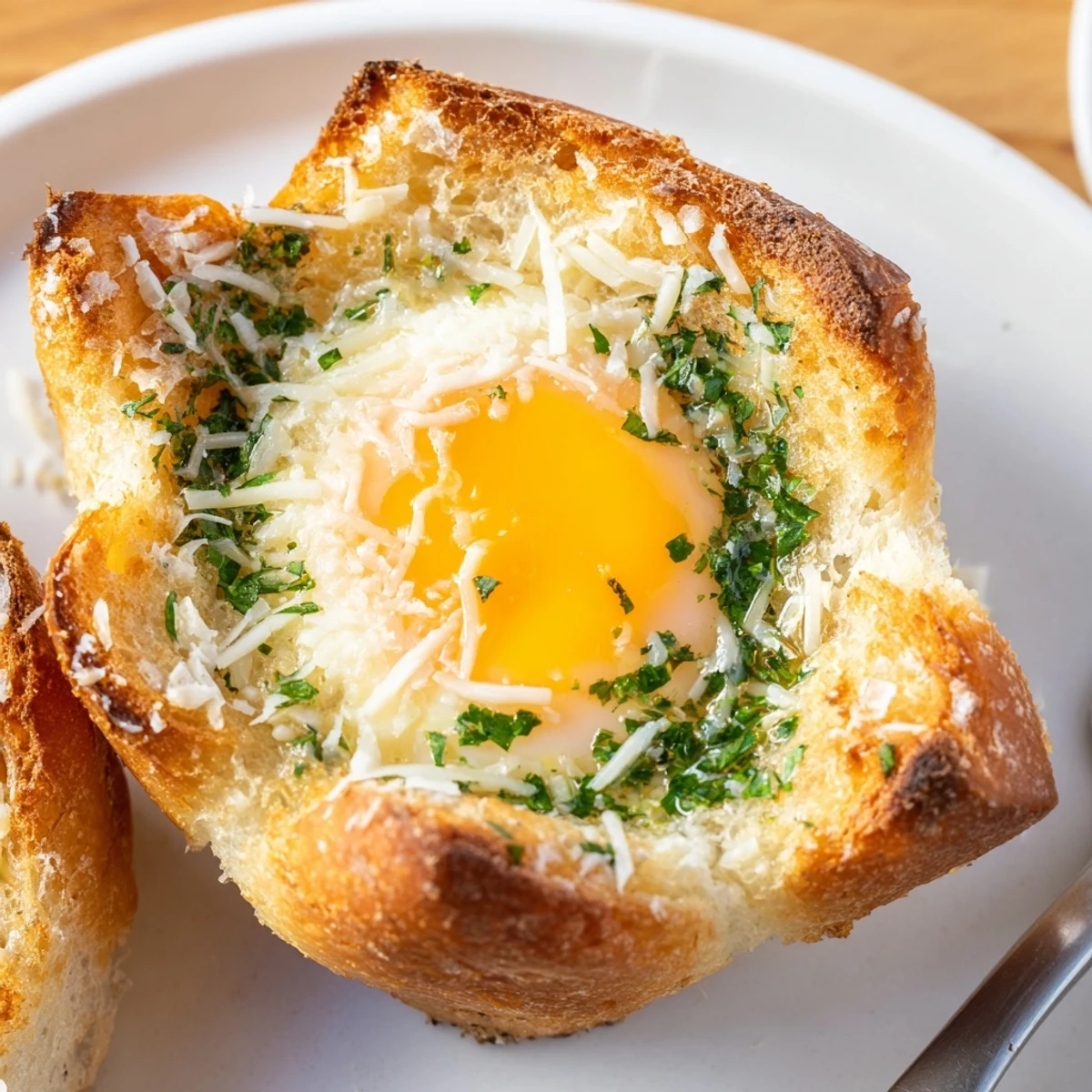 Fresh-baked Lazy Garlic Bread Egg Cups resting in muffin tin, garnished parsley