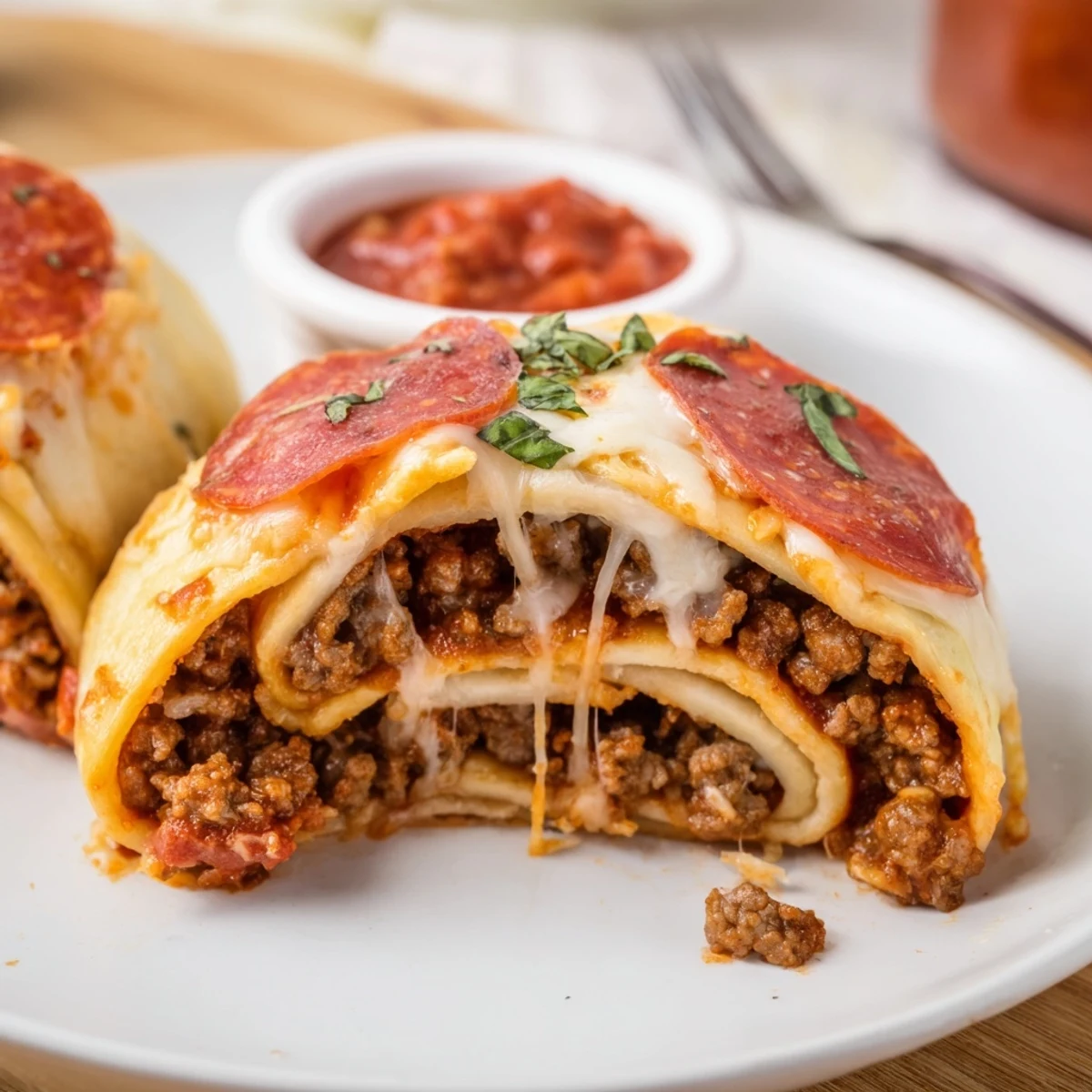 Warm, golden slices of Cheesy Beef Pepperoni Pizza Roll Ups Snack Recipe