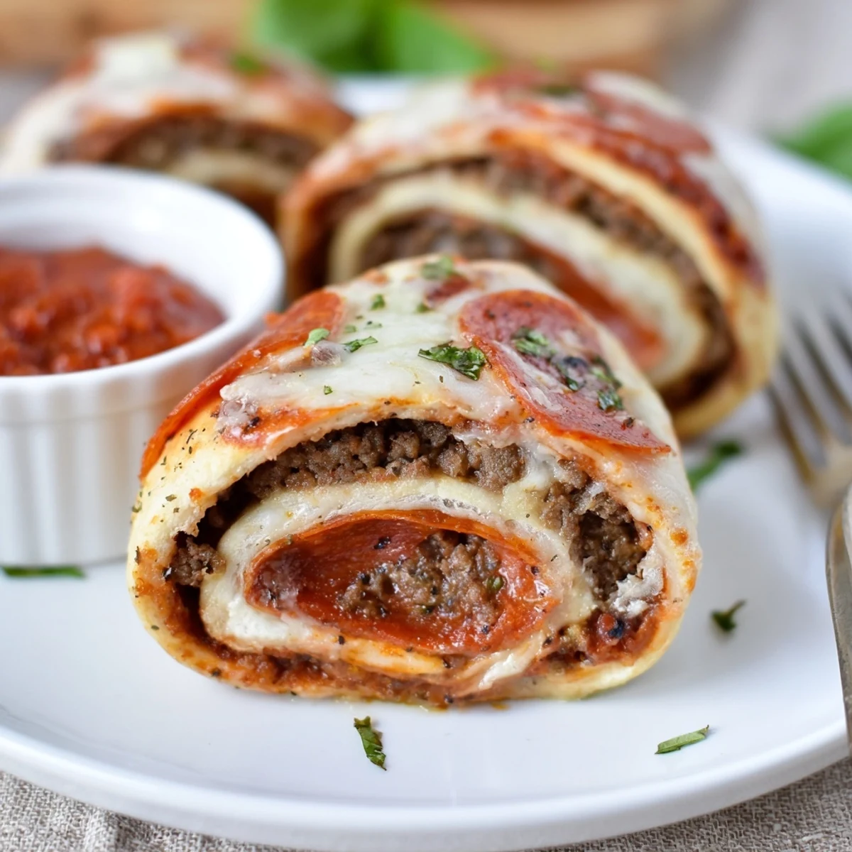 Serve Cheesy Beef Pepperoni Pizza Roll Ups Snack Recipe with tangy marinara and basil