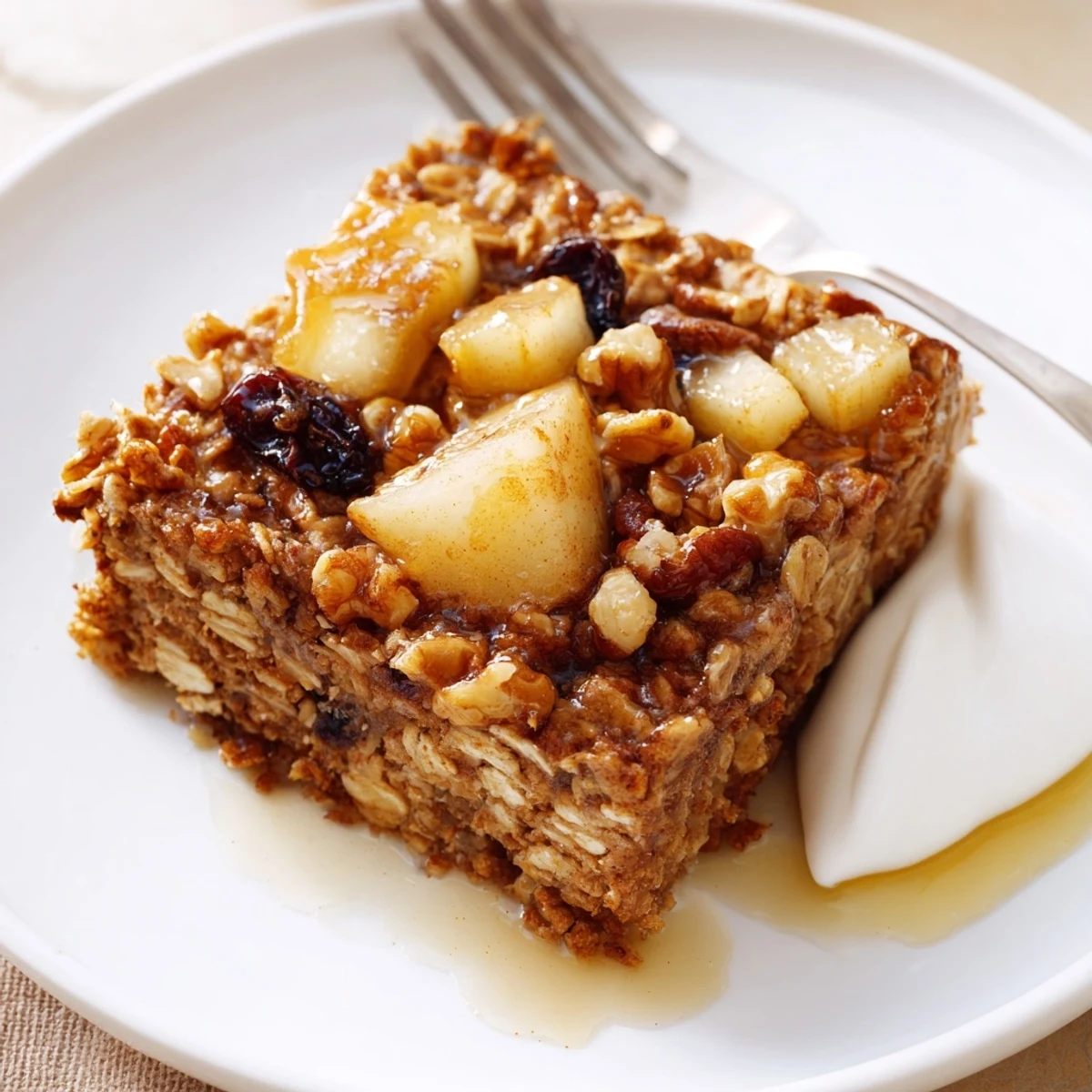 Warm Delicious Apple Cinnamon Oatmeal Bake Recipe topped with browned apples