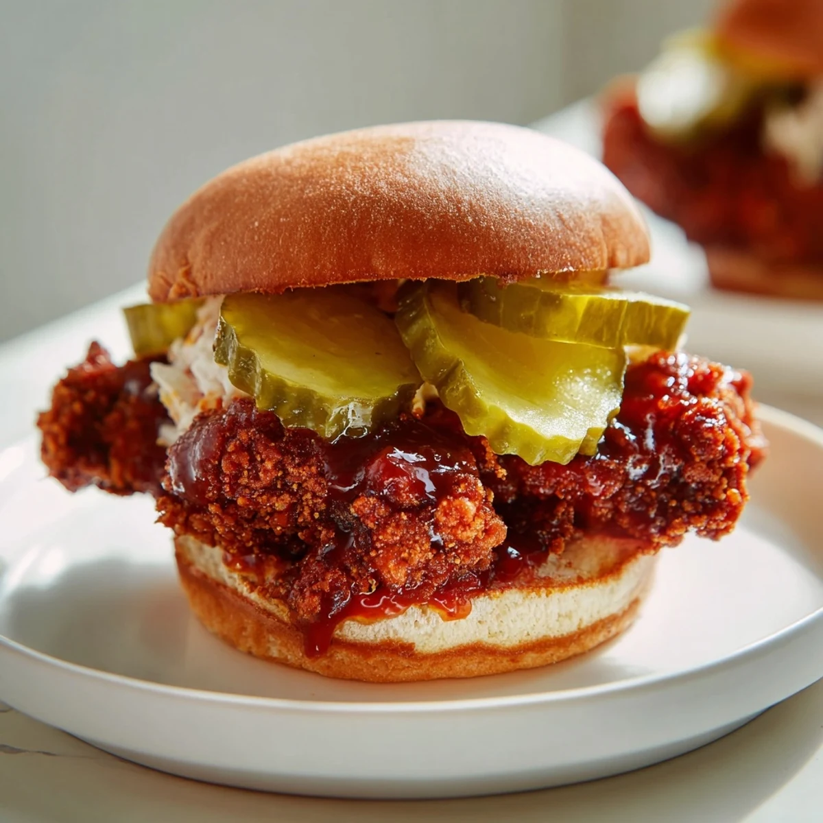 Warm brioche holding Spicy Nashville Hot Chicken Sandwiches Recipe To Savor, creamy slaw