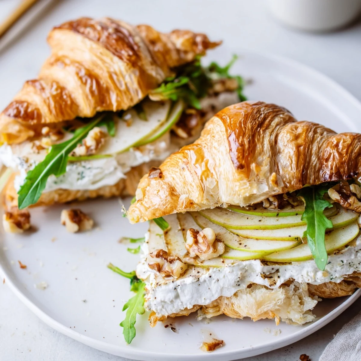 Open-faced Apple Goat Cheese Croissant Sandwich layered with arugula, honey, and walnuts.