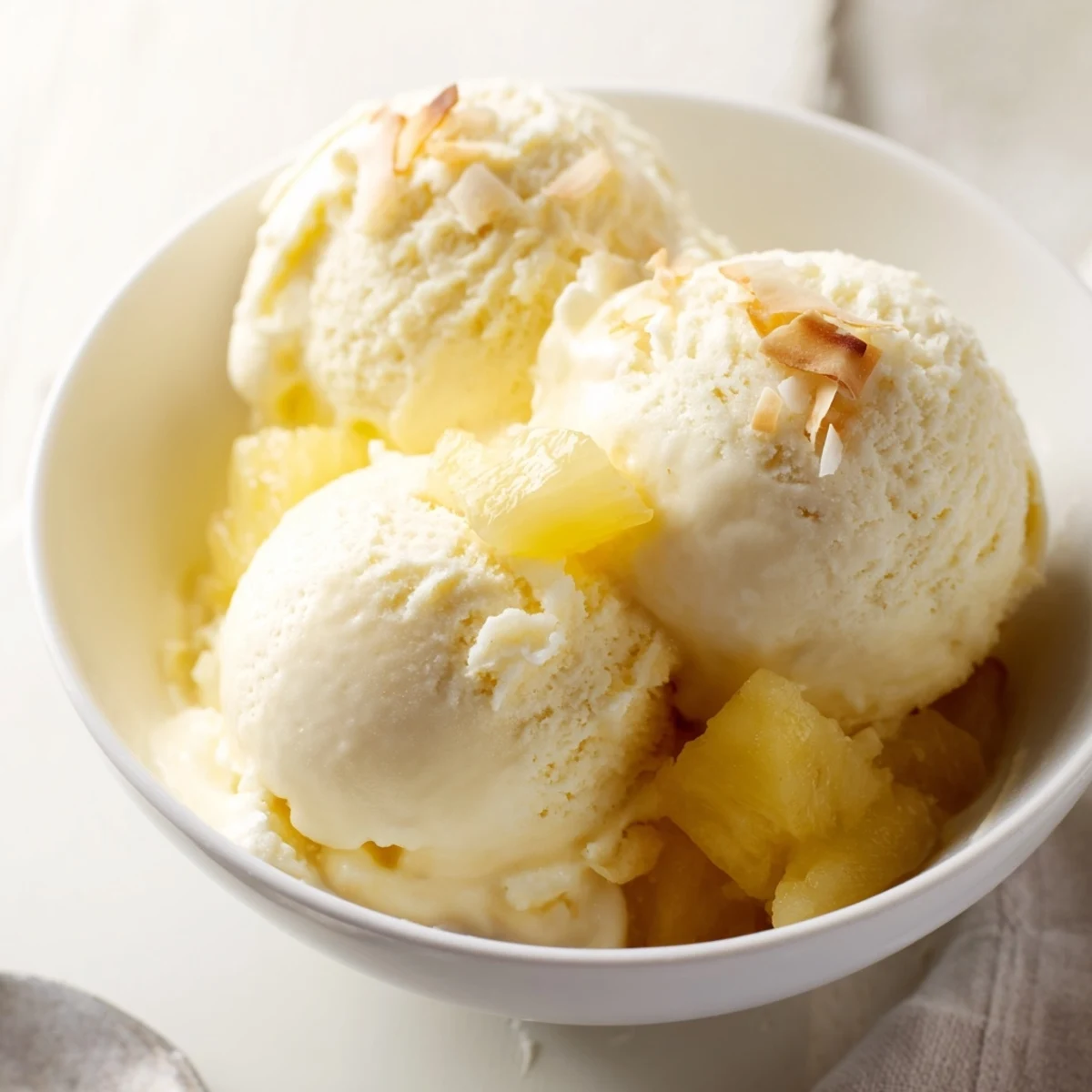 Chilled Creamy Pineapple Ice Cream, silky texture, spoon resting on bowl