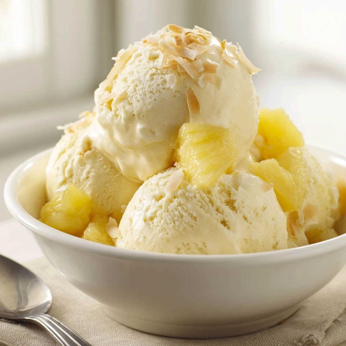 Homemade Creamy Pineapple Ice Cream churned smooth, served with toasted coconut