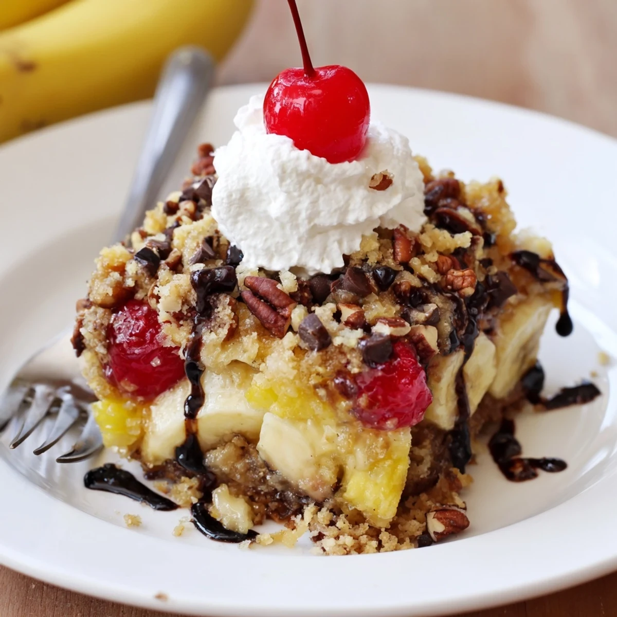 Banana Split Dump Cake with golden bubbling edges, cherry garnish and melted chocolate