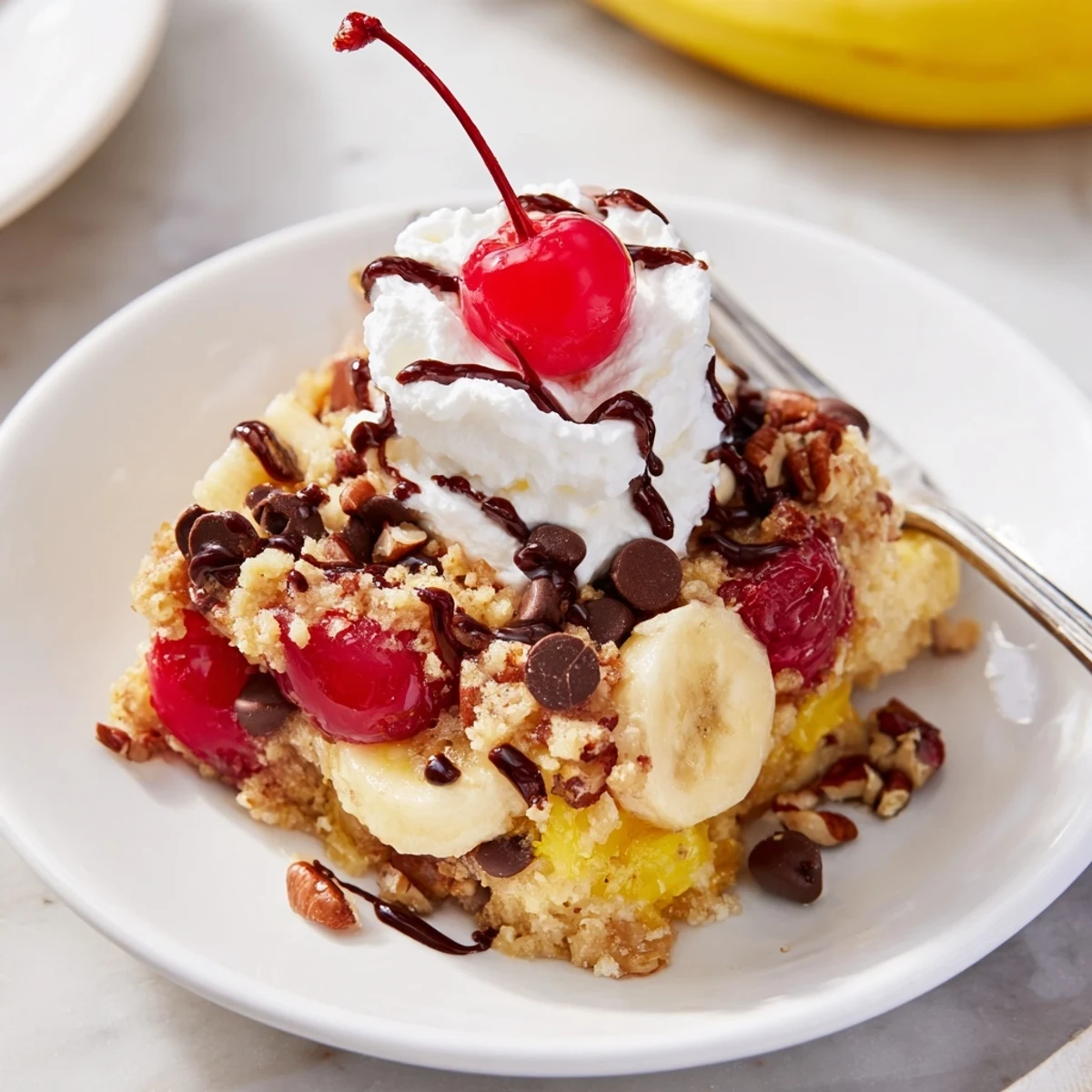 Fresh from oven Banana Split Dump Cake topped with whipped cream and cherries
