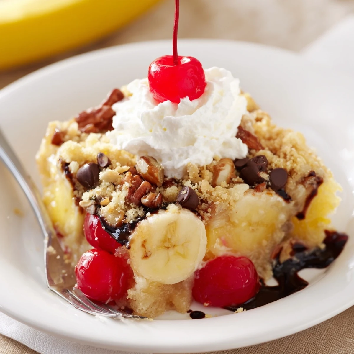 Spoon-ready Banana Split Dump Cake layered with bananas, pineapple, nuts, and ice cream