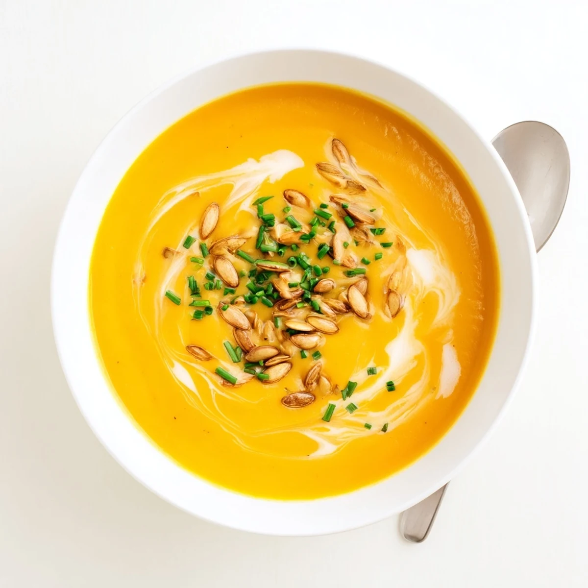 Creamy butternut squash soup garnished with toasted pumpkin seeds and fresh herbs in a white bowl